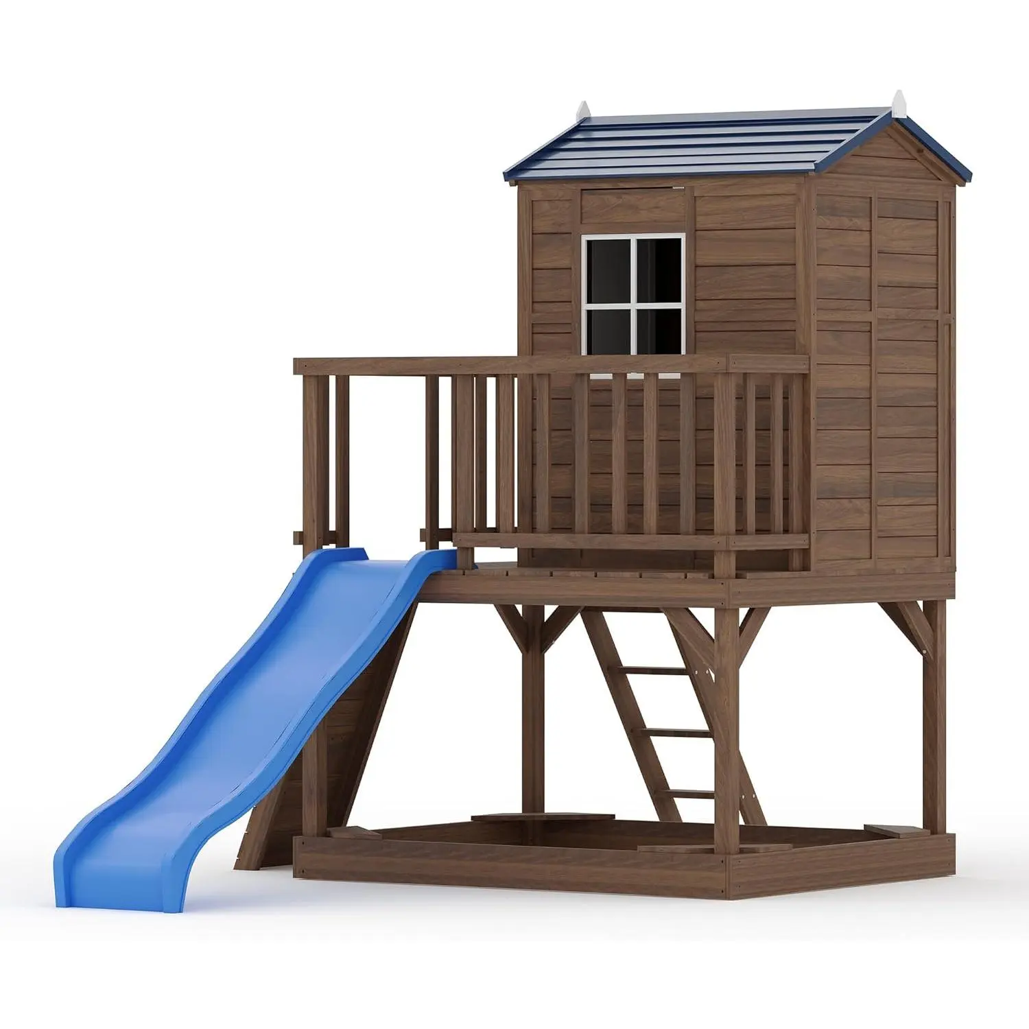 Spacious 2-Story Cedar Kids Outdoor Playhouse – Large Wooden Playhouse with Wave Slide, Sandbox, Step Ladder, Wooden Arch(3 Boxes)