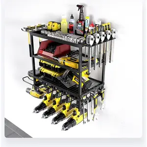 4-Tier Wall Mount Power Tool Organizer, Iron Drill Holder Rack, Heavy Duty Metal Garage Storage Shelf