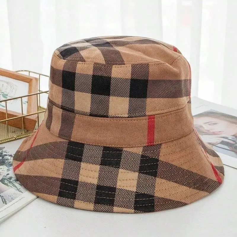 WomenSuedePlaidFoldingBucketHatForHolidayLadySpringBowlerLuxurySunProtectionCapAutumnWinterClassicHeadgearNew