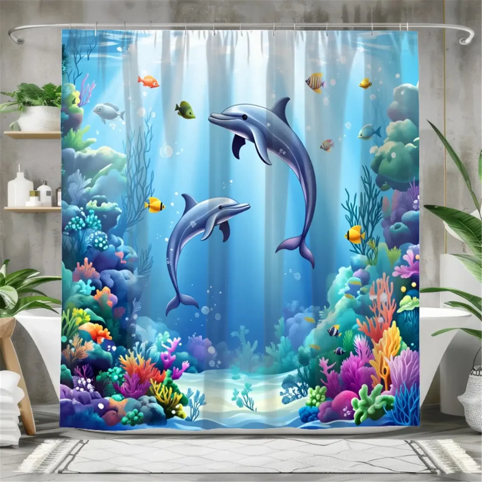 Polyester Double Dolphin Coral Underwater World Pattern Bathroom Shower Curtain Set - Waterproof Curtain, 12 Hooks, Non-Slip Carpet, U-Shaped Toilet Cushion, Toilet Seat Cover, Bathroom Decor, Mobile Gift