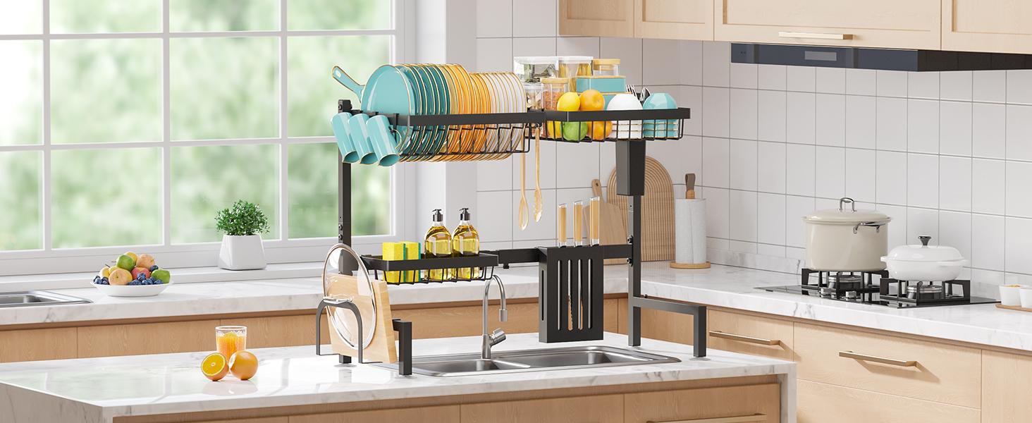 Over The Sink Dish Drying Rack - Adjustable 2 Tier Large Capacity Stainless Steel Drainer with Cutlery & Utensil Holders, Kitchen Storage & Organization, 30"-33.9" L x 11" W x 21.5" H, Black
