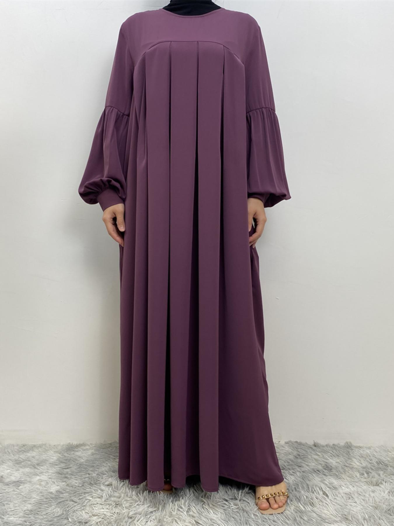 Women's Solid Lantern Sleeve Arabian Dress Without Hijab, Casual Long Sleeve Pleated Dress, Ladies Spring & Fall Clothes For Daily Wear, Summer Outfits 2024, Muslim Women Gowns