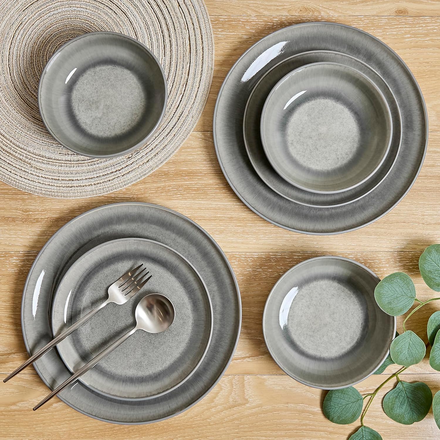 Asher 12- Stoneware Dinnerware Set for 4, Gray Ceramic Plates and Bowls Sets, Modern Dish Set with Reactive , Durable Kitchen Dishes for Casual Dining, Microwave & Dishwasher Safe Asher 12- Stoneware Dinnerware Set for 4, Gray Ceramic Plates and Bowls Sets, Modern Dish Set with Reactive , Durable Kitchen Dishes for Casual Dining, Microwave & Dishwasher Safe