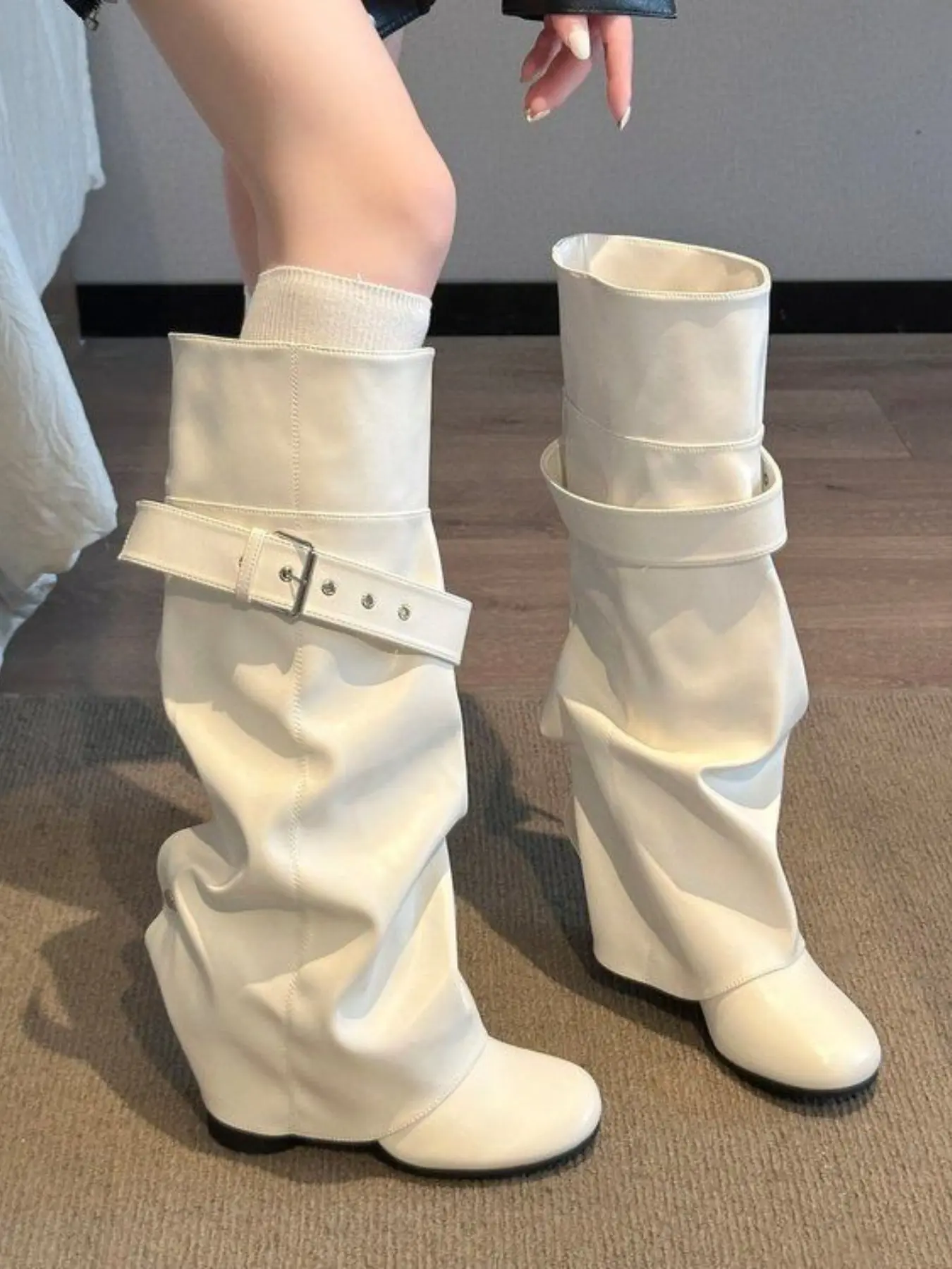 Women's High Ankle Boots, Side Buckle Thick Heel Long Boots, Vintage Western Style Leggings Boots, PU Leather Boots, Fashionable and Stylish Footwear