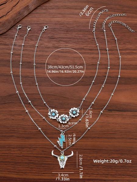 3 Pcs/set Women's Turquoise Western Cowboy Vintage Necklace Set, Multi-Element Pendant Jewelry Gift for Women & Girls, Party Style Accessories, Exquisite Jewelry Gift