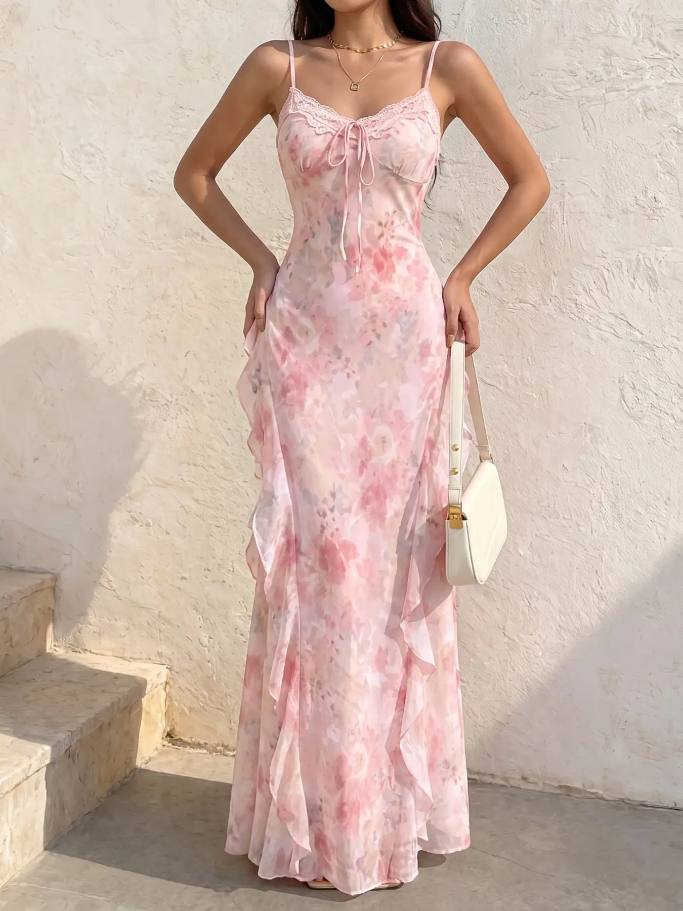 Women Romantic French Style Maxi Dress Dusty Pink Watercolor Floral Print Lace Trim Spaghetti Strap Front Tie Ruched Waist Ruffle Side Flowy Chiffon Long Dress For Beach Wedding Holiday Summer Wedding Guest Dresses
