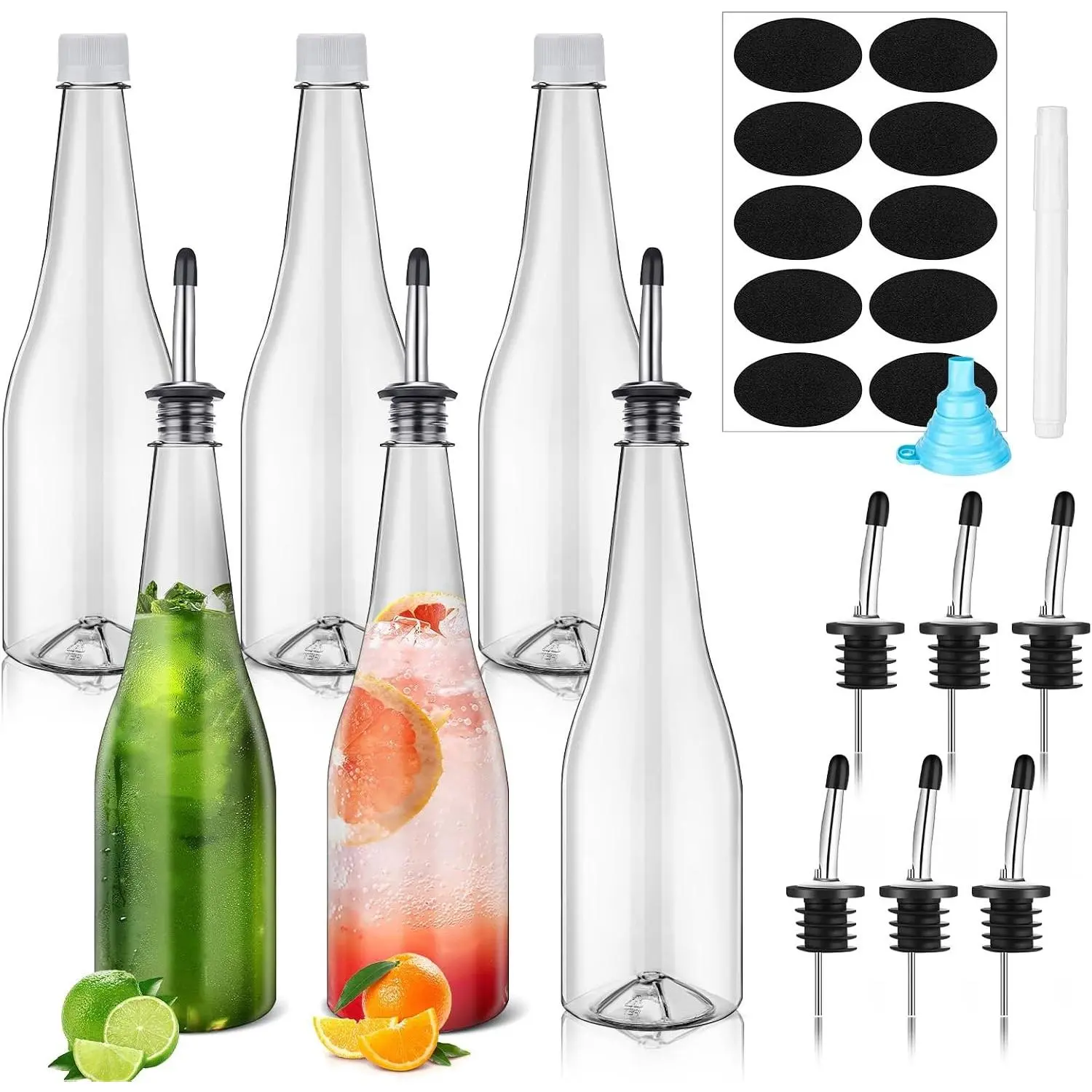 6 Set 25 oz Plastic Syrup Bottles Plastic Long Neck Bottles Liquor Bottle Pourers Bar Juice Pour Bottle with Pourers & Caps for Liquor Wine Juice Snowcone Syrup