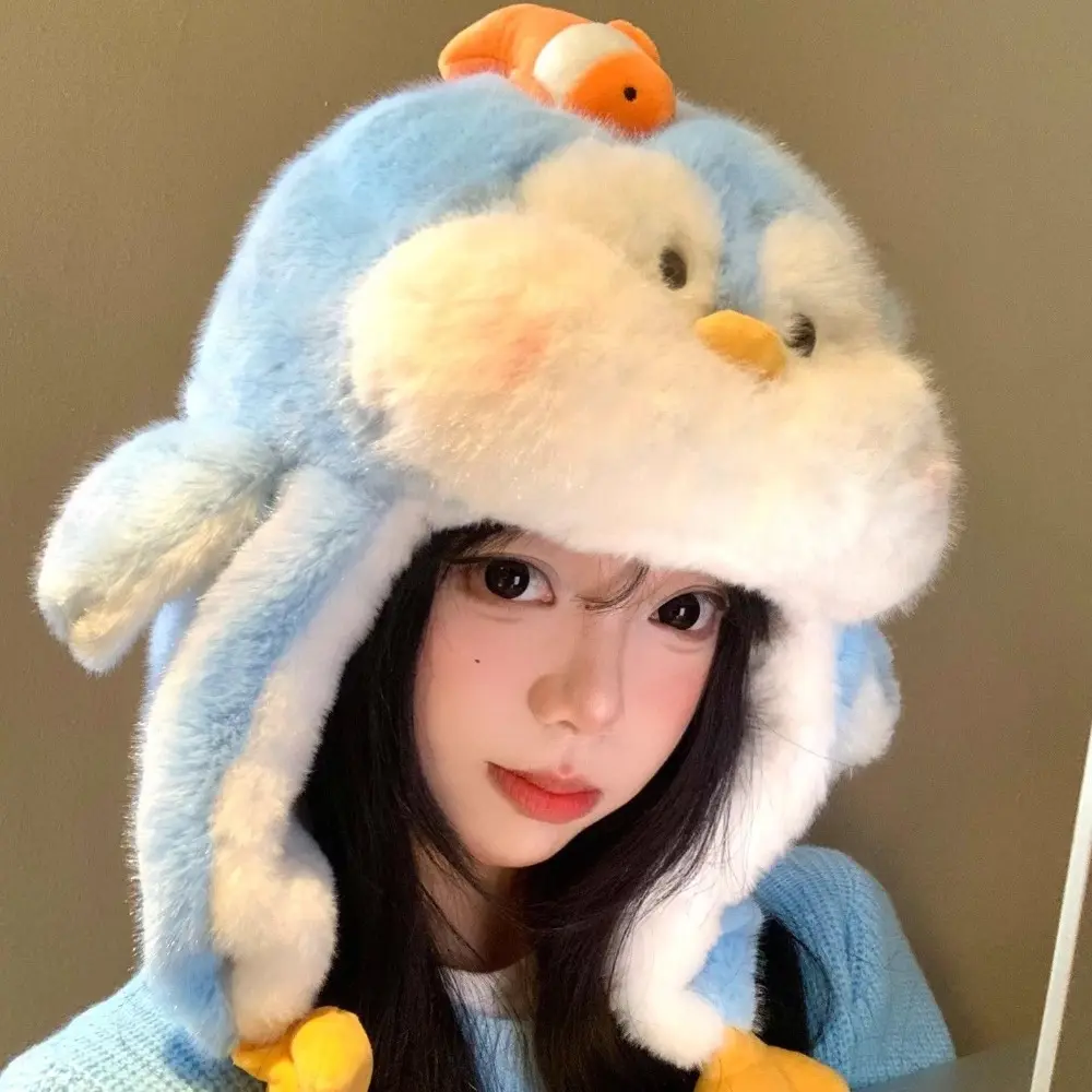 Cute Movable Cartoon Clownfish & Penguin Plush Trapper Hat for Women, Autumn Winter Thickened Warm Ear‑Protection Hat, Versatile Face‑Slimming Plush Winter Beanie