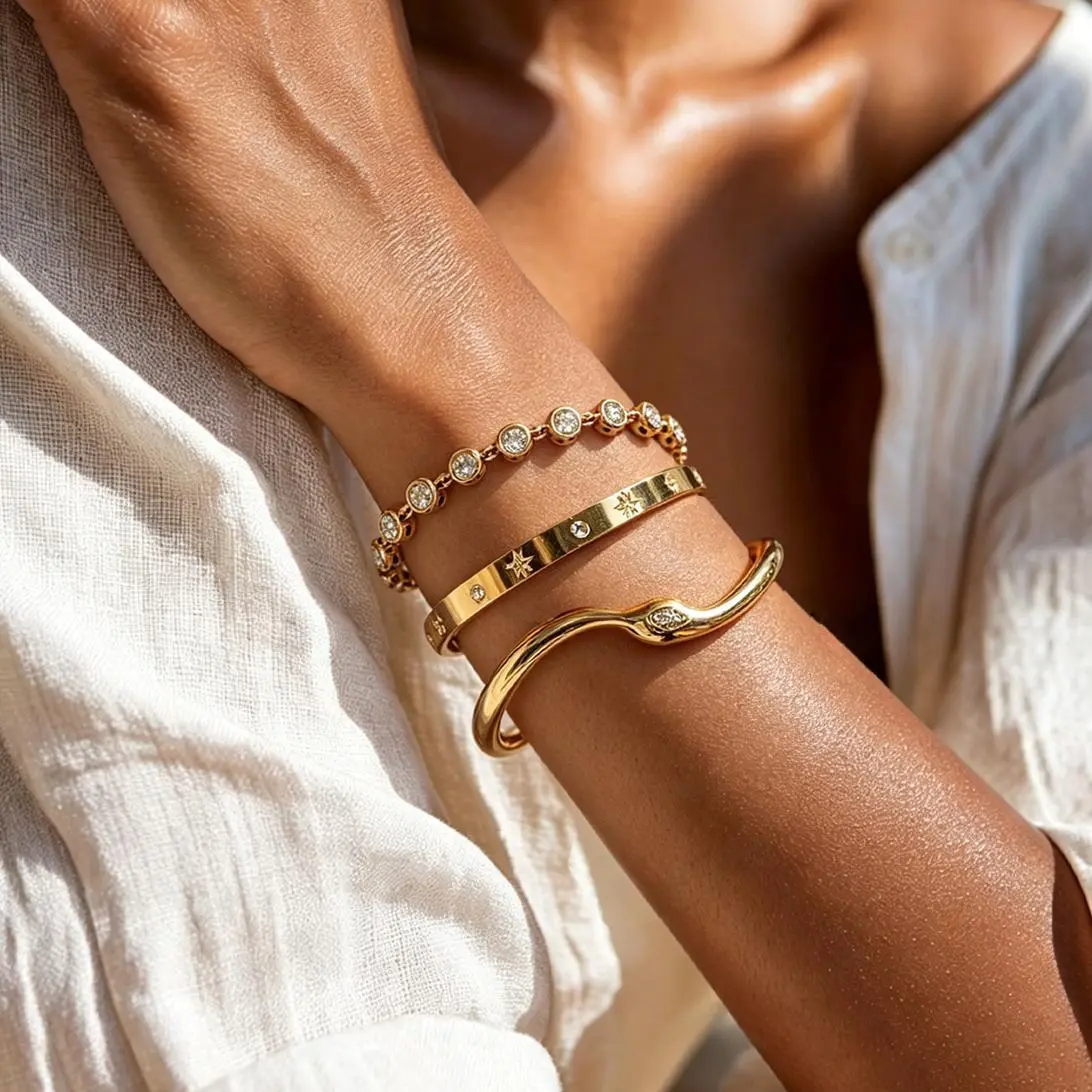 Women's Fashion Golden Aesthetic Gold Arm Cuff Jewelry Set - High-Shine Metallic Alloy Bangle, Celestial Star Engraved, Minimalist Vintage Clean Girl Old Money Luxury, Lightweight Arm Candy Accessory for Females, Daily Gift