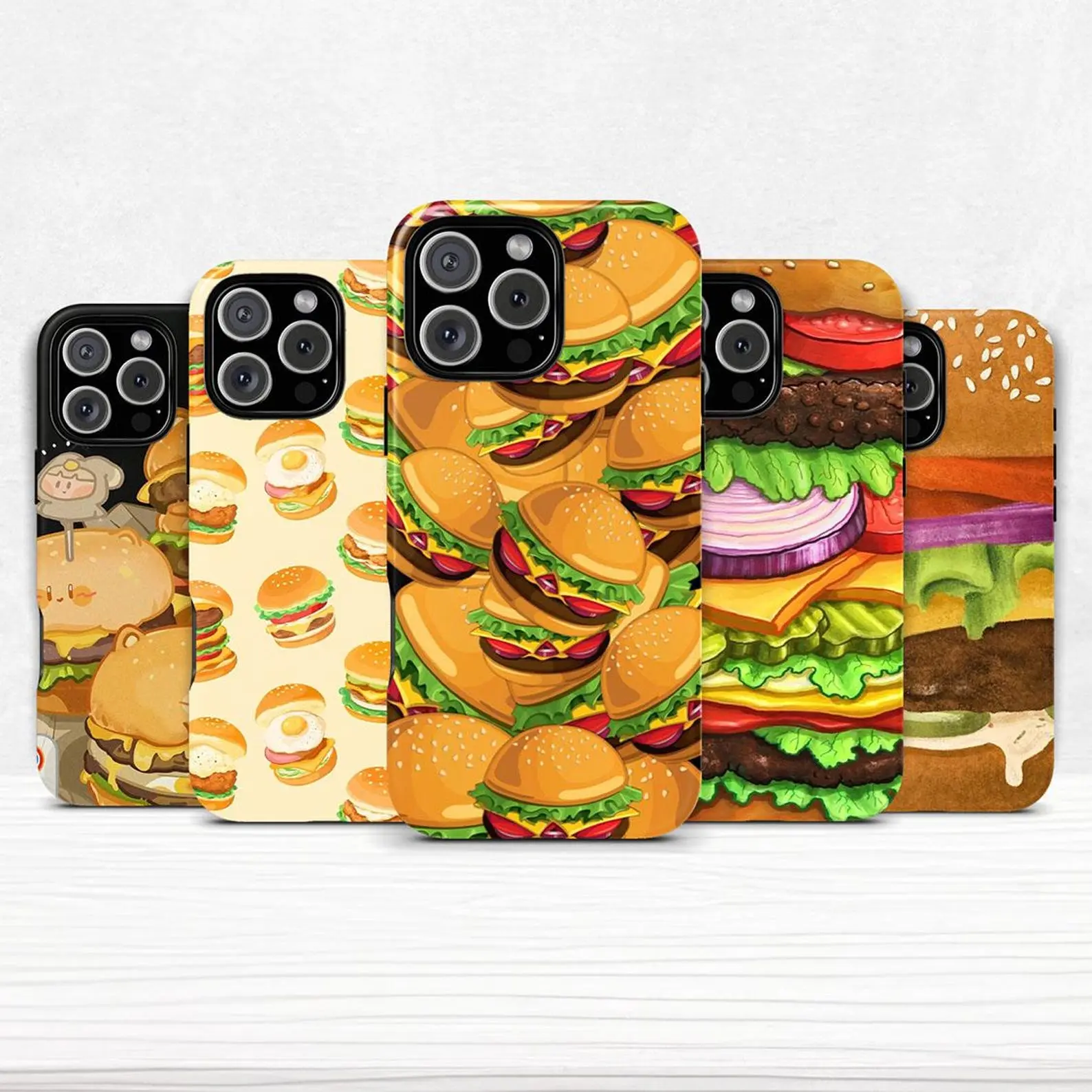 Hamburger-style double-layer phone case, compatible with iPhone 11–17 Pro Max/Plus series and Samsung Galaxy S23–S25 series, offering superior protection.