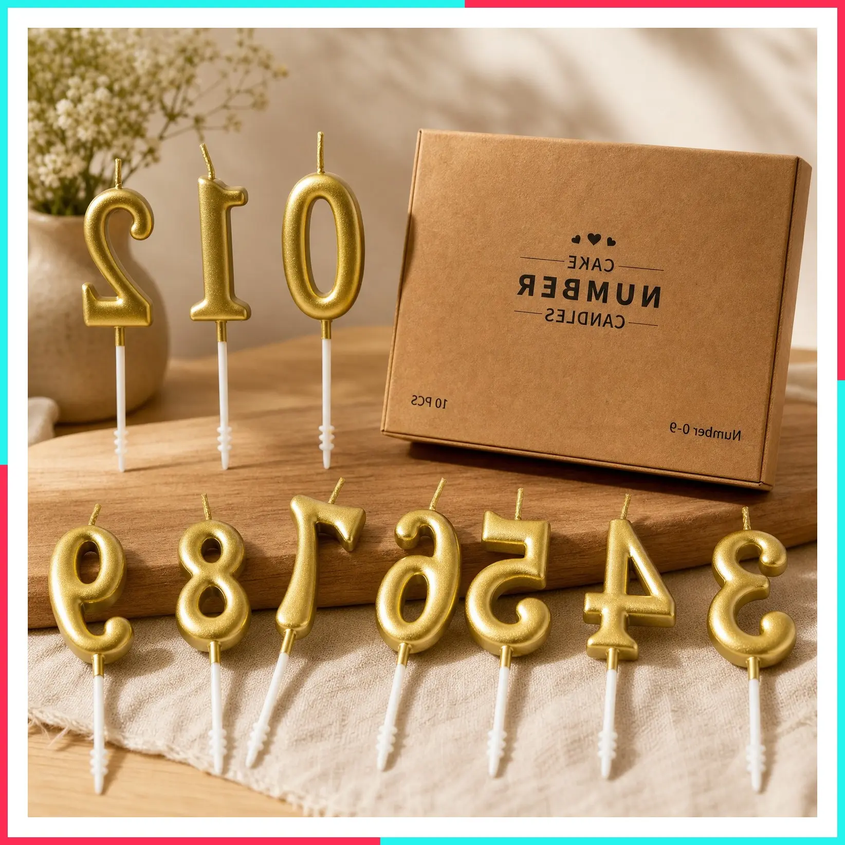 10-Piece Gold Glitter Number 0-9 Birthday Candles, Numeral Cake Topper Decoration for Birthday, Wedding Anniversary, Party Celebration