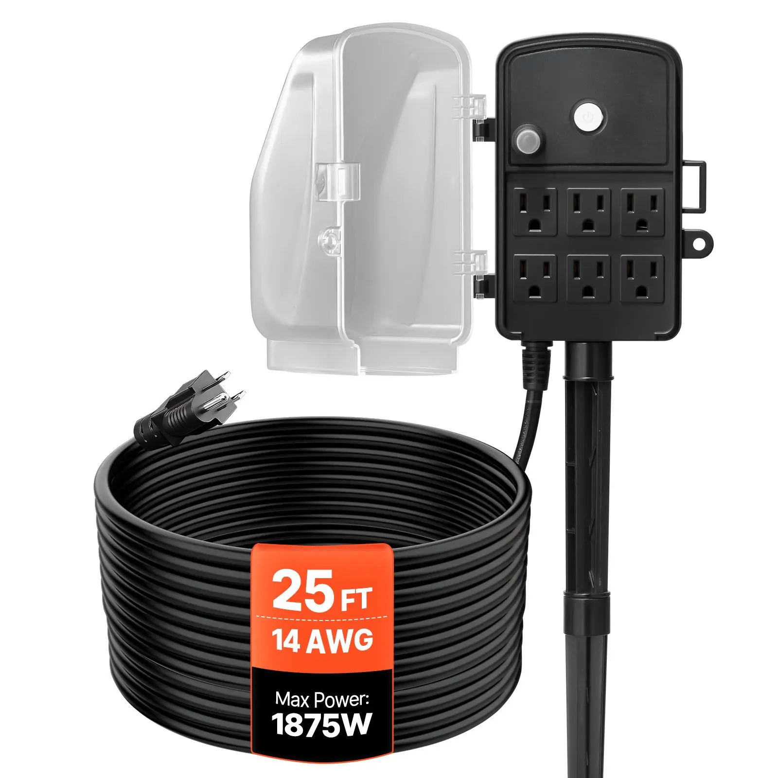 VEVOR Outdoor Power Stake with 25 FT Extension Cord, Waterproof Power Strip with Cover + Cable, 15A/1875W AC 125V 60Hz, Overload Protection Only, 6 Outlets, Mountable Yard Plug for Christmas Lights & Devices