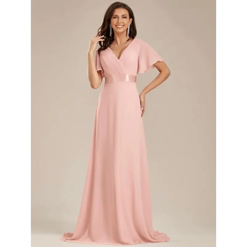 2026 Elegant Chiffon Maxi Gown with Deep V-Neck, Flutter Sleeves and Satin Waistband for Wedding Guest dress , Bridesmaid Maxi Dress with Short Flutter Sleeves Womenswear
