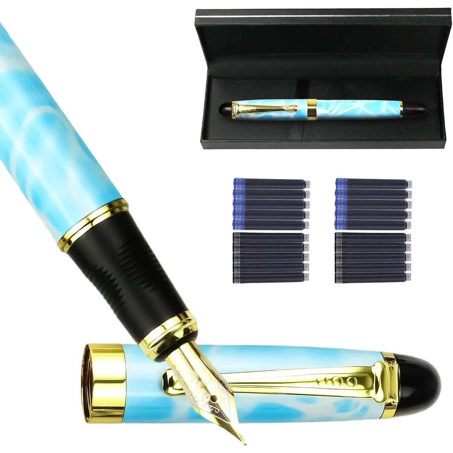 Marble Fountain Pen for Writing, Refillable Luxury Metal Pens with Ink Pen with 10 Black and 10 Blue Ink Refills, Business Writing Fountain Pen for Men and Women, Marble Blue