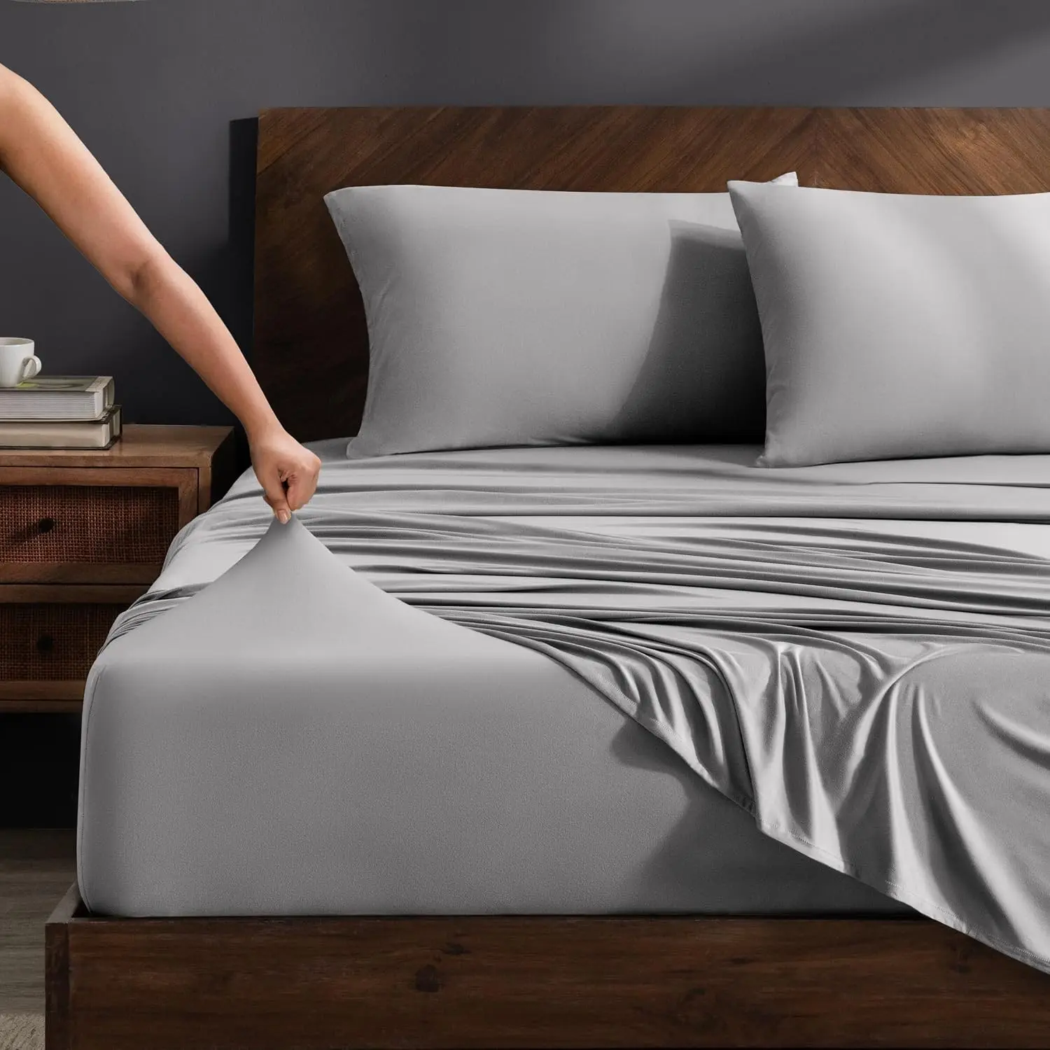 Bare Home King Size Cooling Performance Jersey Stretch Sheet Set, Light Grey