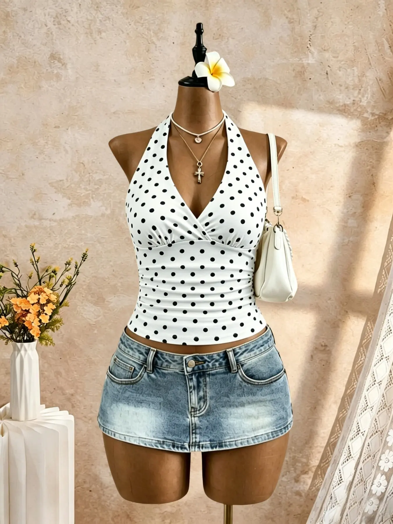Women's Halter V-Neck Top, Tie Front Ruched Slim Fit Tank Vest, Sexy Polka Dot Design, Fitted Without Collar, Non-Full Placket, Casual Sleeveless Tops
