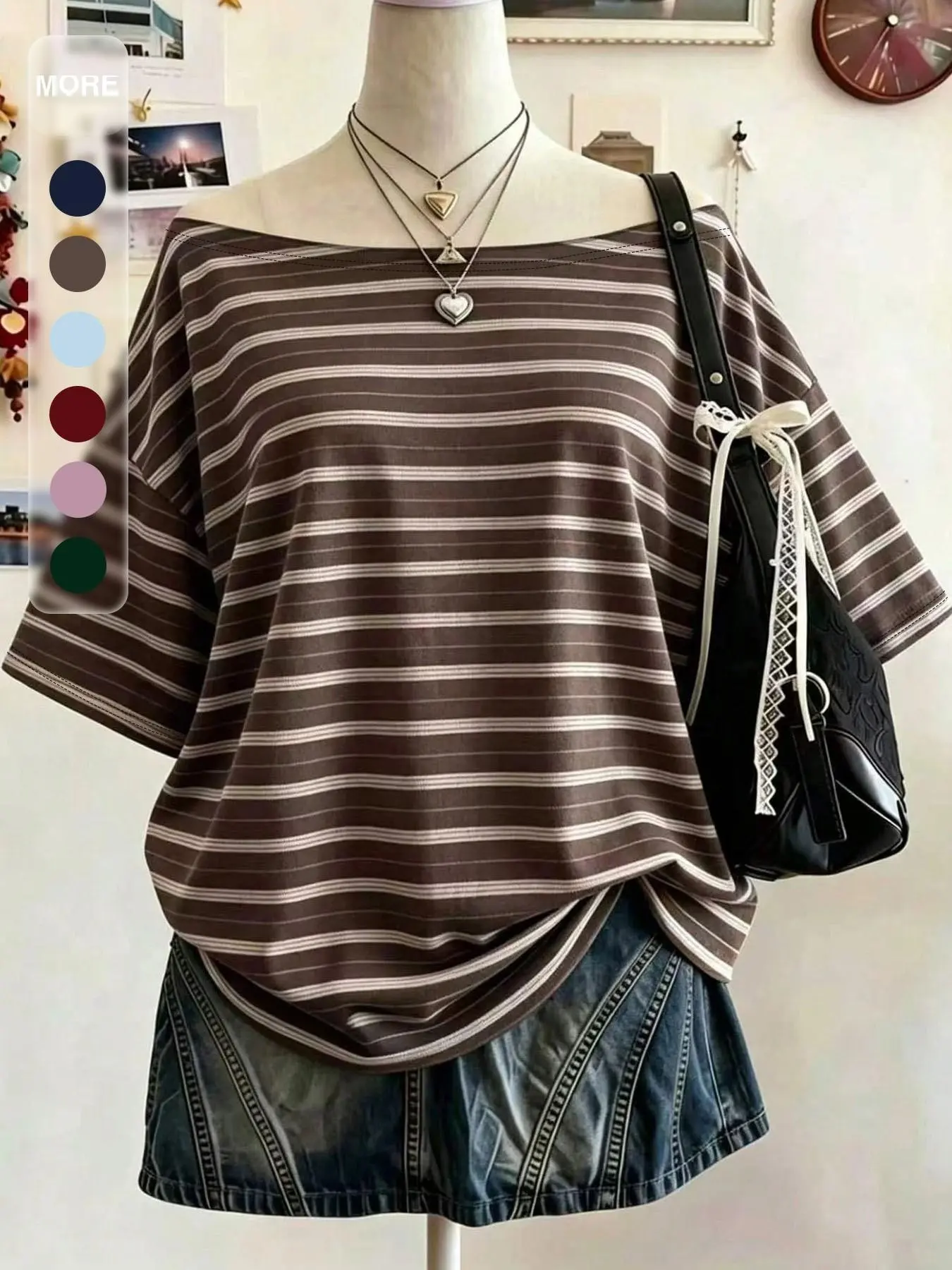 Women's Off-Shoulder Striped T-Shirt, Casual Loose-Fit Short Sleeve Top, Ideal for Shopping, Vacation, Daily Wear, Casual Basic Top