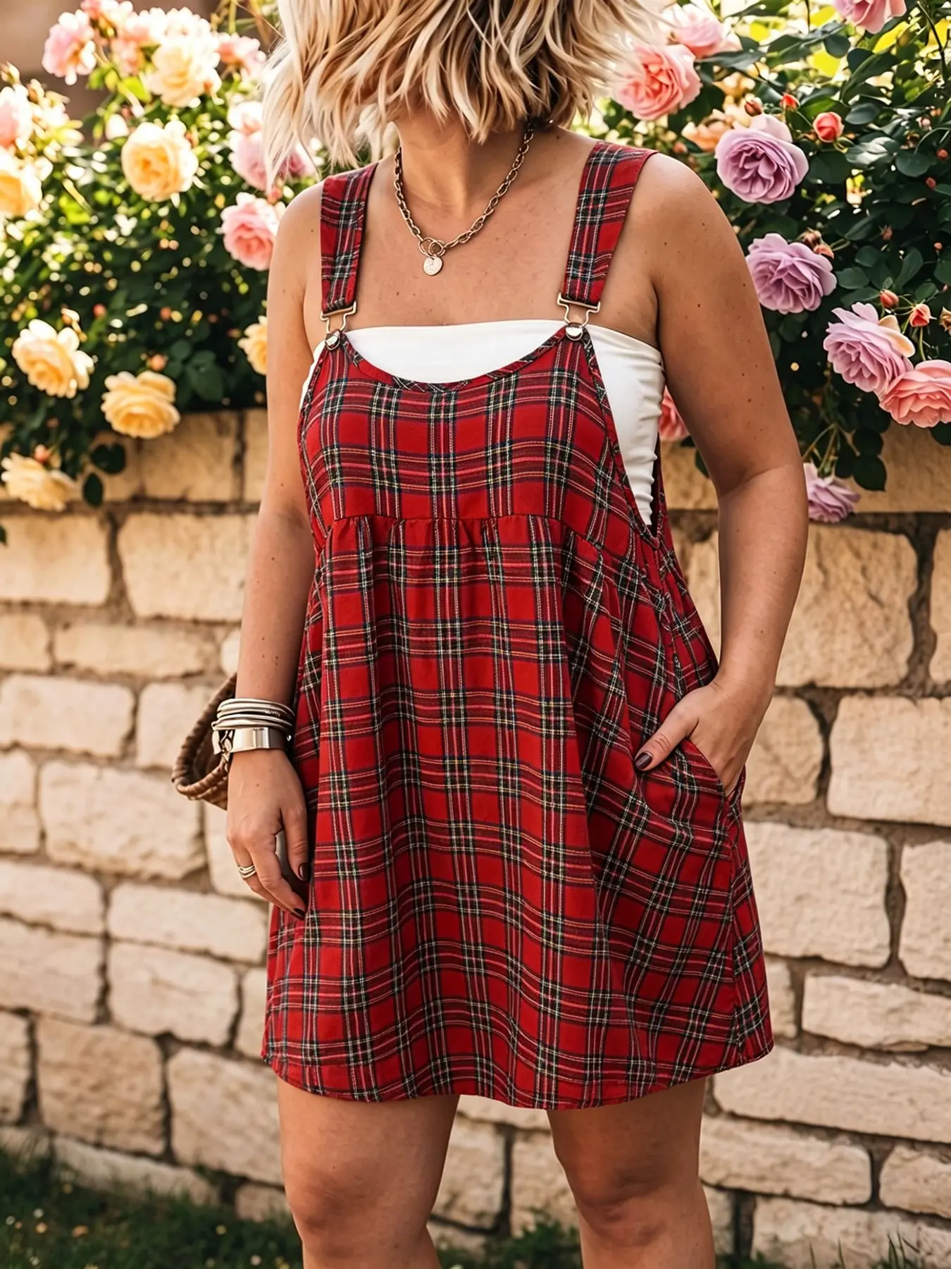 Plus Size Women's Sleeveless Strap Dress, Summer Autumn Plaid Print Dress, Casual Loose Fit with Pockets, Comfortable and Stylish
