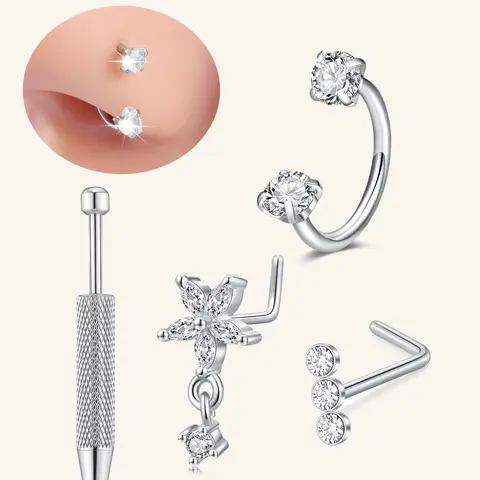 Stainless Steel Oxidized Zirconia Nose Ring, Nose Ring Hoops, Spiral Nose Ring, Horseshoe Nose Hoop L-Shaped Nose Studs, Women's Surgical Steel U-Shape Tragus Earrings, Nose Piercing Jewelry, Body Jewellery