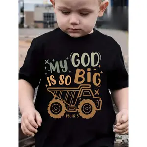 1PC GOURD DOLL Boys' "My God Is So Big" Bulldozer Graphic T-Shirt - 100% Cotton, Short Sleeve, Round Neck, Casual Summer Wear, Machine Washable, Random Print, Regular Fit, 12 & Under