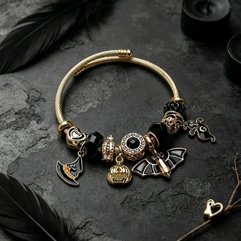Spooky Season Halloween Charm Bracelet Twisted Cable Bangle Dangle Wristband Witch Hat Pumpkin Bat Ghost Pendants Black Rhinestone Beads Gothic Fall Festive Fashion Jewelry Gift For Women