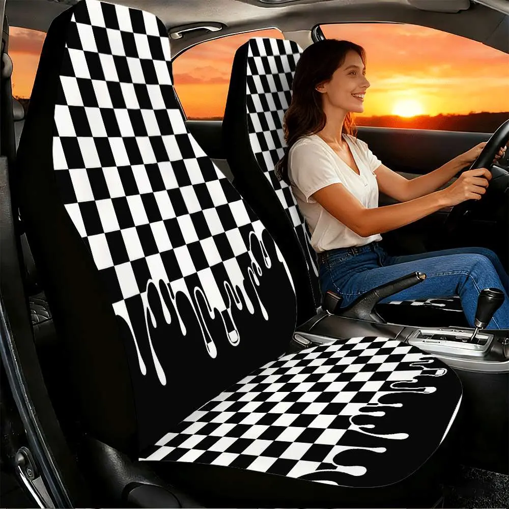 2pcs Dripping Checkerboard Car Seat Covers Suitable for Front Seats, High Back Design, Polyester Material, Suitable for Cars, Suvs And Trucks, Women'S Car Additions, Christmas Eve Scares, Halloween, Special Promotion