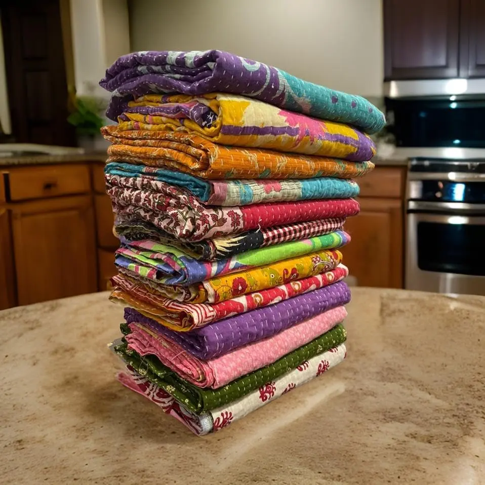Vintage Kantha Cotton Fabric Blanket & Throw - Multi-Color, 60x50 in, Reversible, Lightweight, Floral Theme, Home Decor, 1-Piece