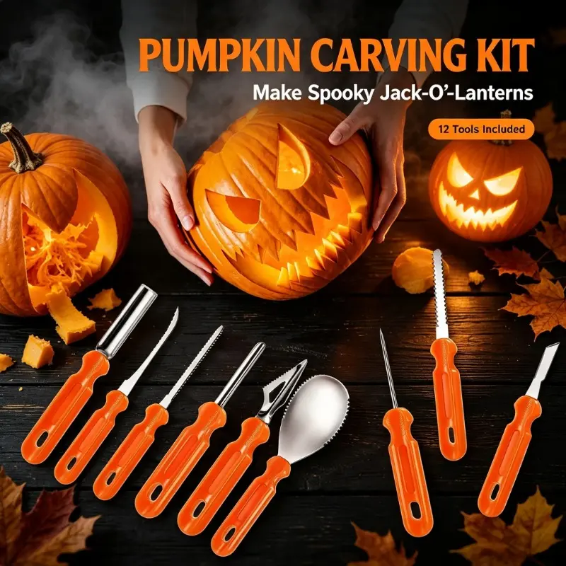 Stainless Steel Pumpkin Carving Kit – Halloween DIY Tool Set with Scoop Stencil Storage Bag