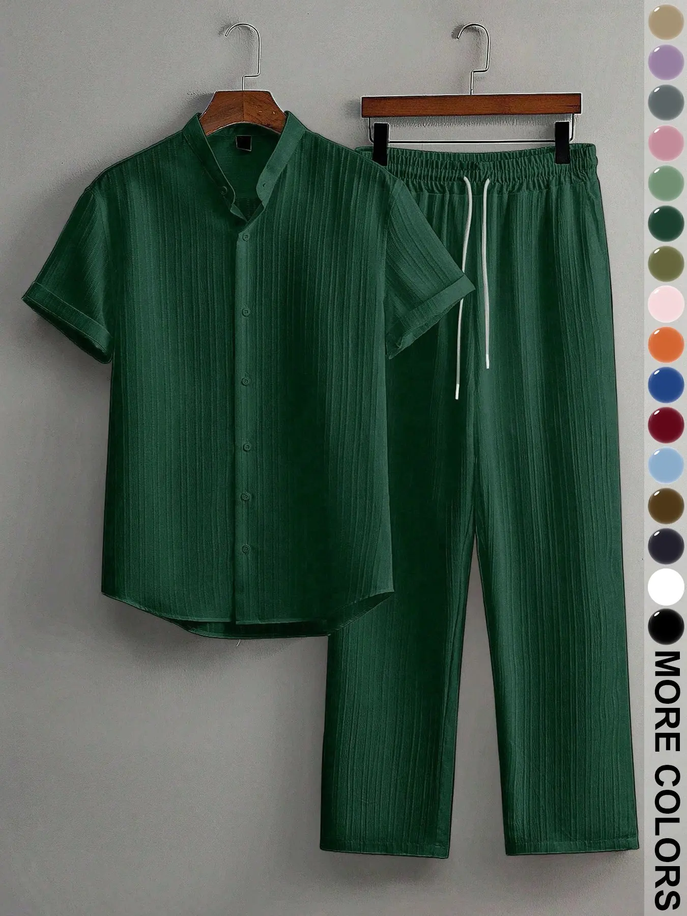 Men's Summer Ice Silk Stand Collar Short Sleeve Set, Breathable Graphic Tee & Long Pants, Casual Street Style, Spring Fall Fashion
