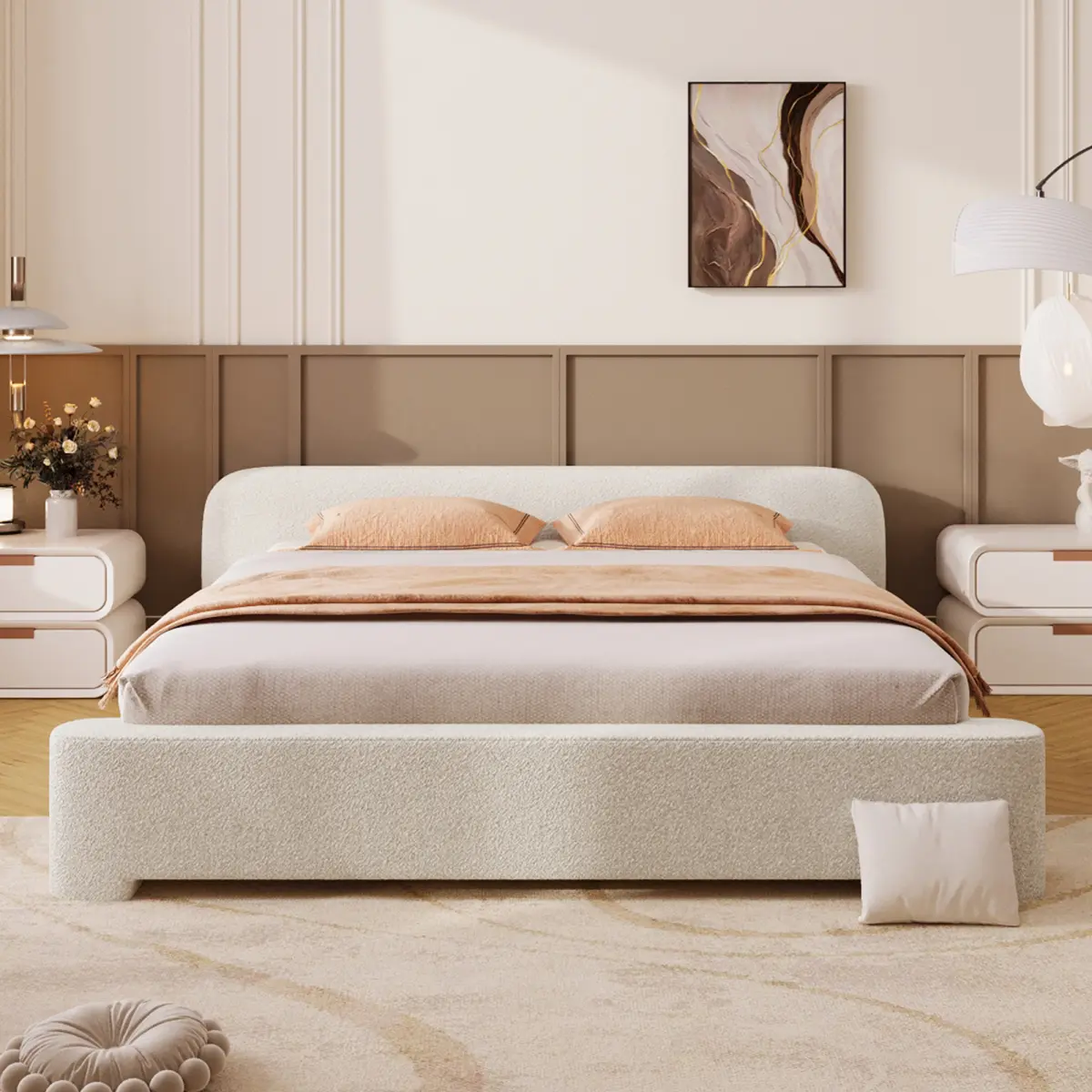 Cozy White Boucle Upholstered Bed Frame - Minimalist Wood Slatted Indoor Bed with 10 Support Legs, Easy Assembly