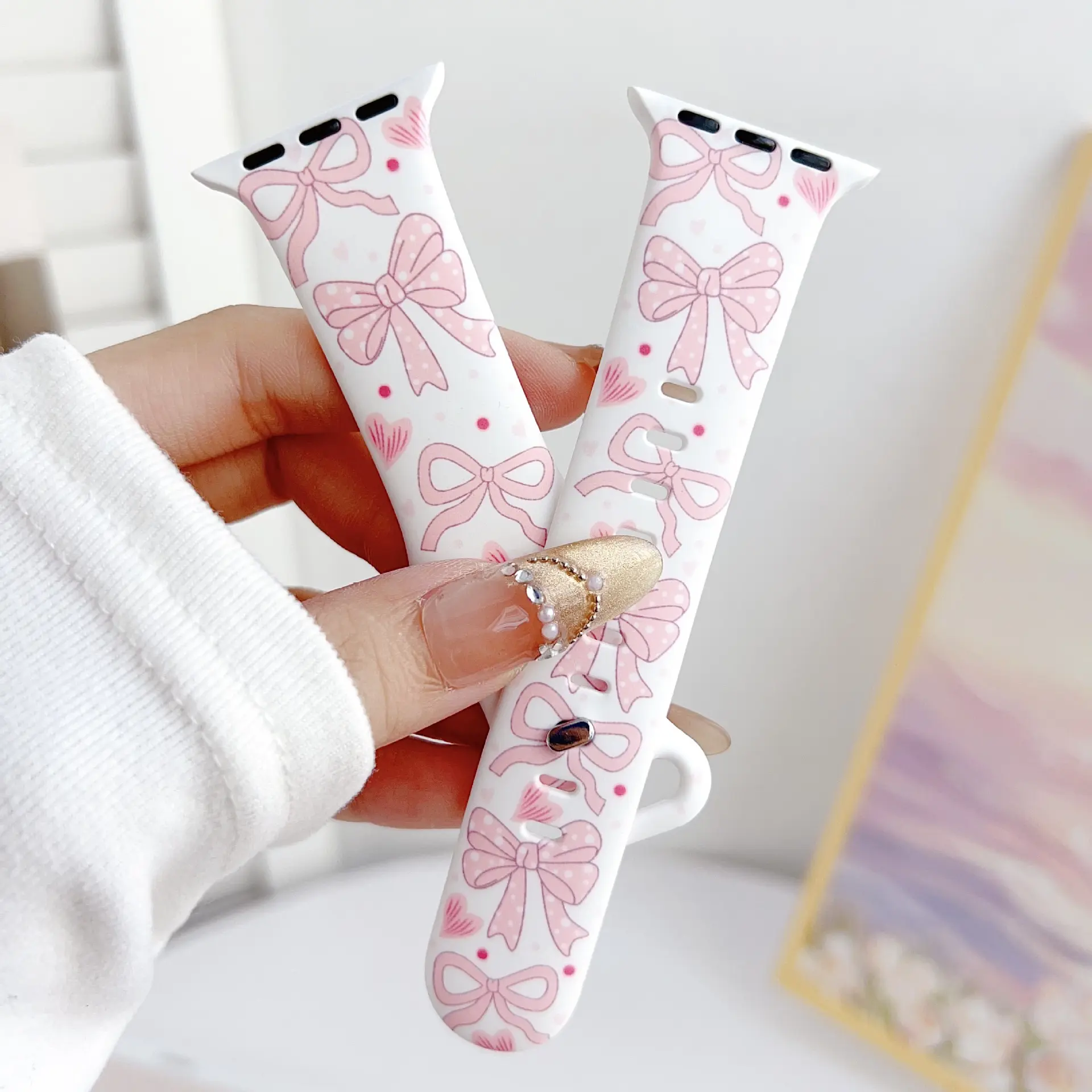 White Pink Navy Coquette Bow Print Silicone Watch Band, Sweet Girly Balletcore Replacement Strap, Soft Cute Daily Wrist Accessory