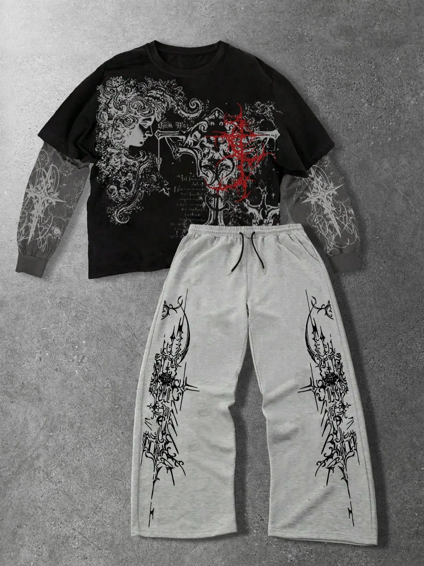Men's Gothic Cross Print Long Sleeve Knit Sweatshirt and Straight Leg Pants Set, Casual Loose-Fitting Two-Piece for Spring & Fall