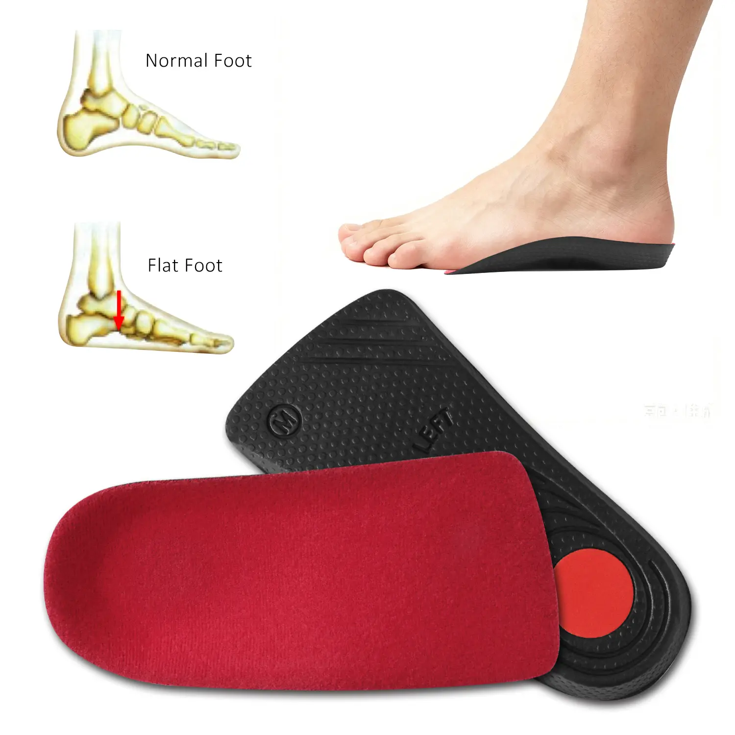 3/4 Length Arch Support Inserts for Men Women, Orthotic Shoe Insoles for Plantar Fasciitis & Flat Feet, Shock Absorbing Heel Cushion Inserts to Relieve Heel Spur Foot Pain, Comfort Height Increase Shoe Insoles