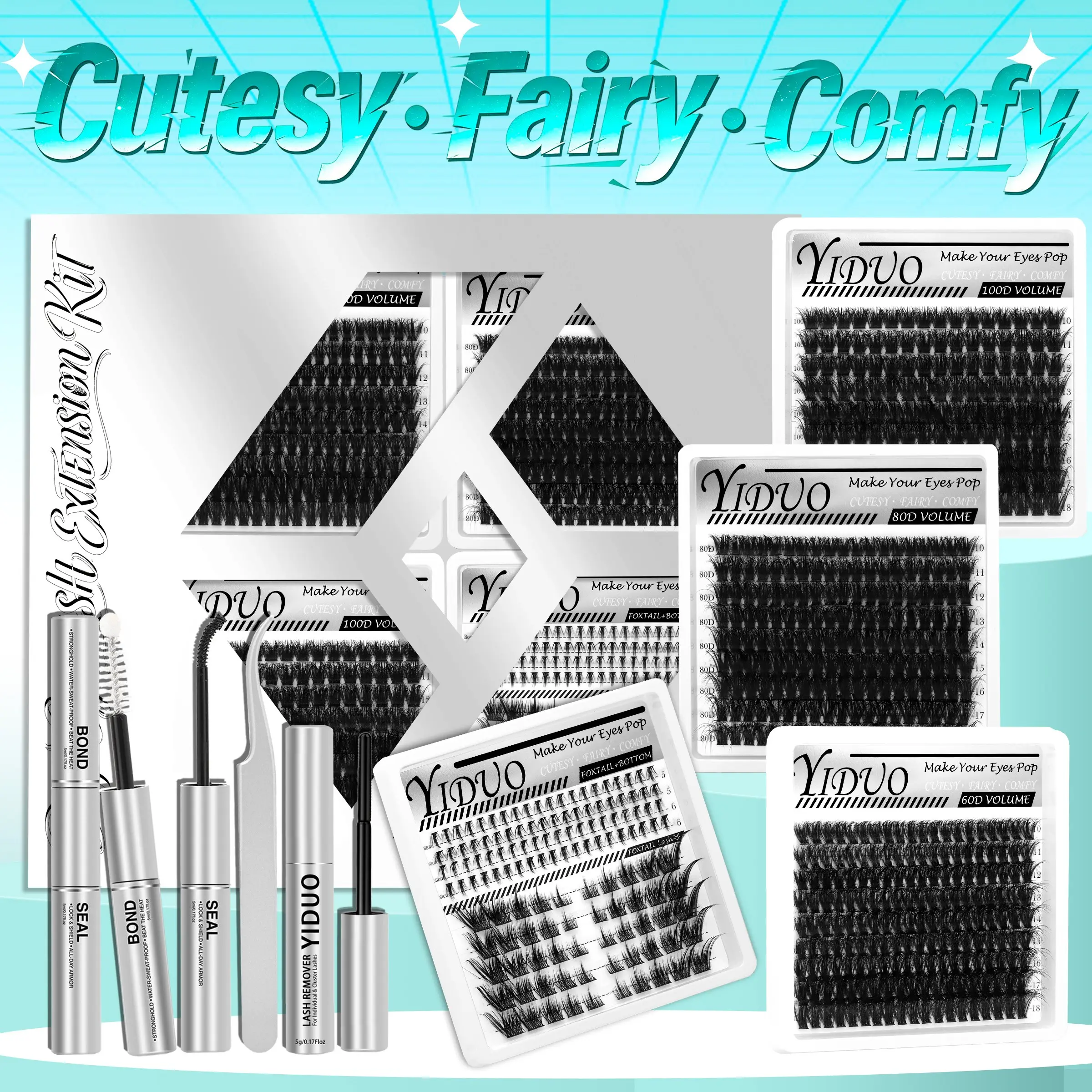 YIDUO 5-Style Eyelash Cluster Set: 60D /80D / 100D/Foxtail & Bottom Eyelash Extension Set, 5–16 mm, D-Curl With Lash Bond and Seal, Lash Remover，Lash Tweezers, DIY at Home Easily, Diy Volume Eyelashes