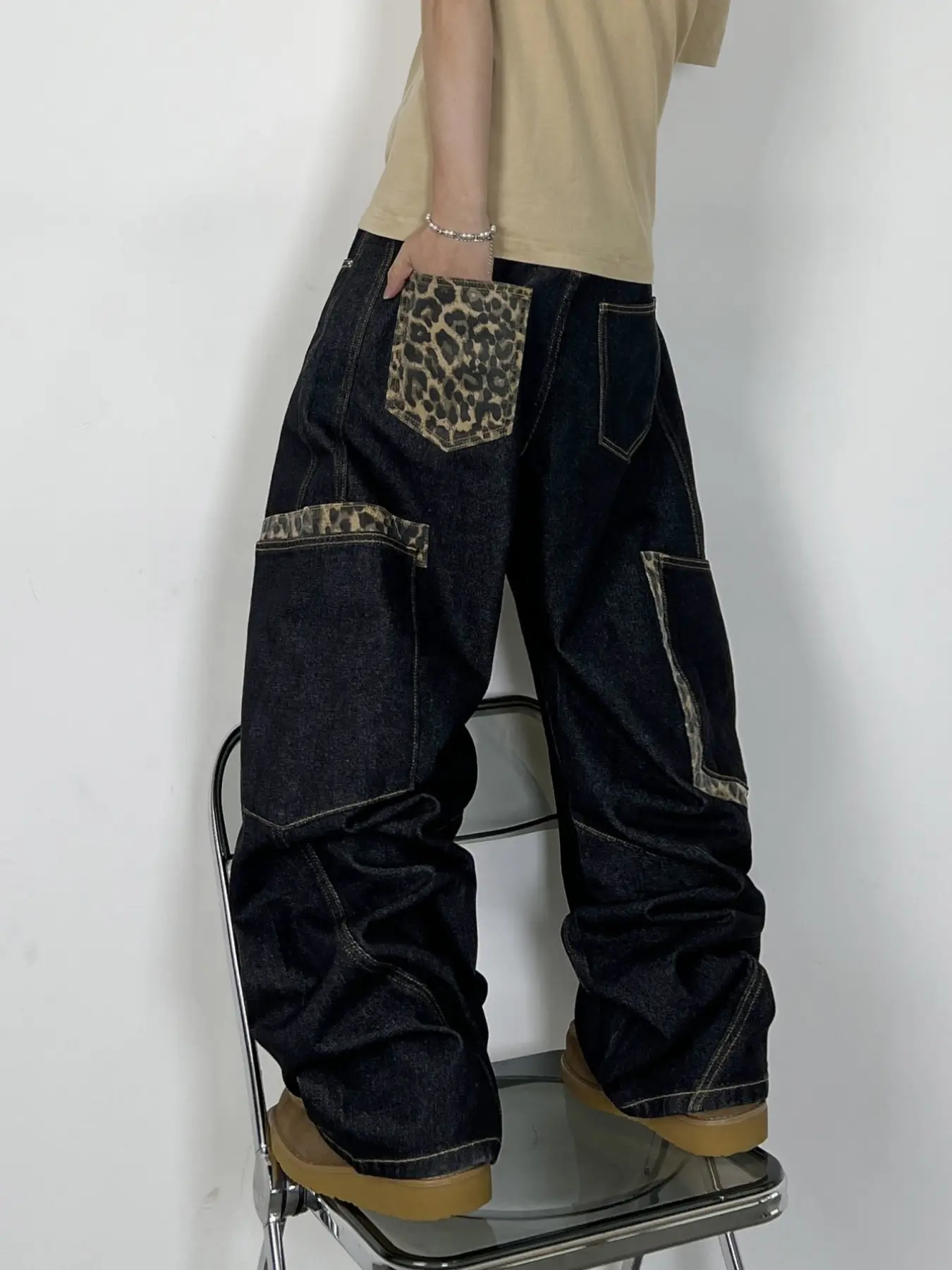 Men's Street Style Jeans, Leopard Print Wide Leg Pants, Pocket, Loose Fit, Denim, Y2K Hip Hop Fashion, Comfortable and Stylish, Multiple Sizes Available