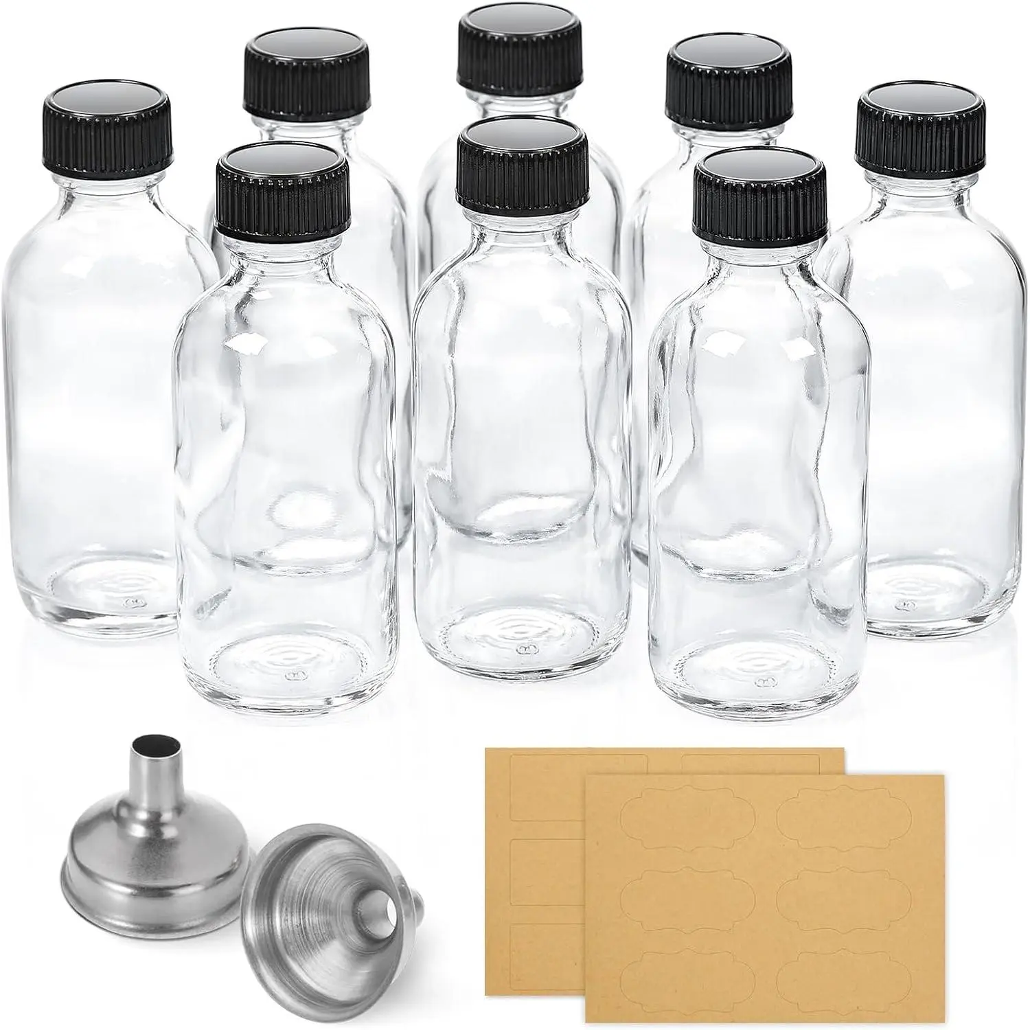 8 Pack, 2 oz Small Clear Glass Bottles w/Lid & 2 Funnels - 60ml  Shot Bottles for , Immunity, Potion, , Sample, Ginger, Juice - Mini Personal Care & Beauty Travel Bottle