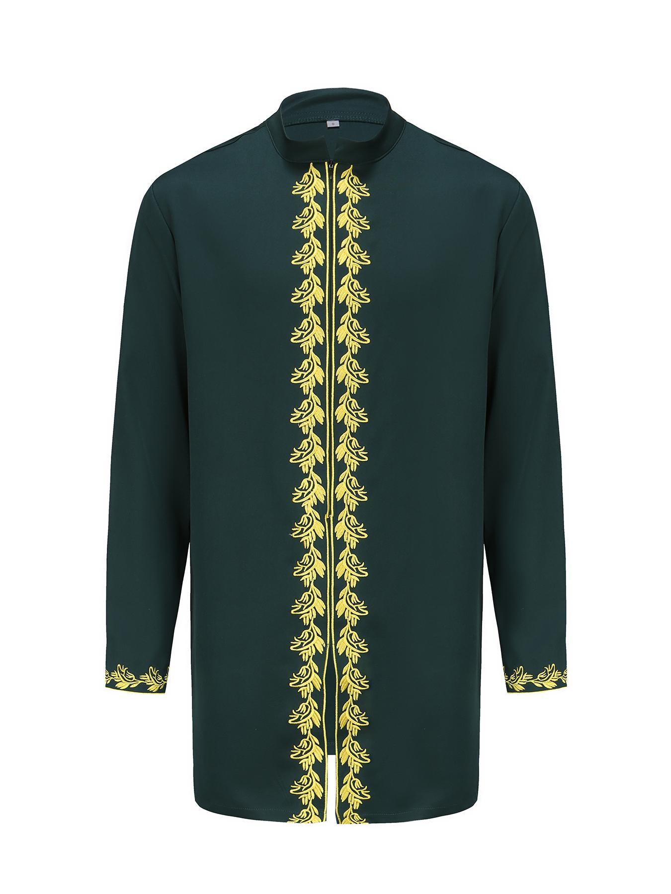 Men's Ethnic Pattern Embroidery Long Sleeve Top & Pants Two-piece Set, Regular Fit Traditional Top & Trousers for Party Holiday Vacation, Fashion Men's Two-piece Outfits for All Seasons, Kurta Suit