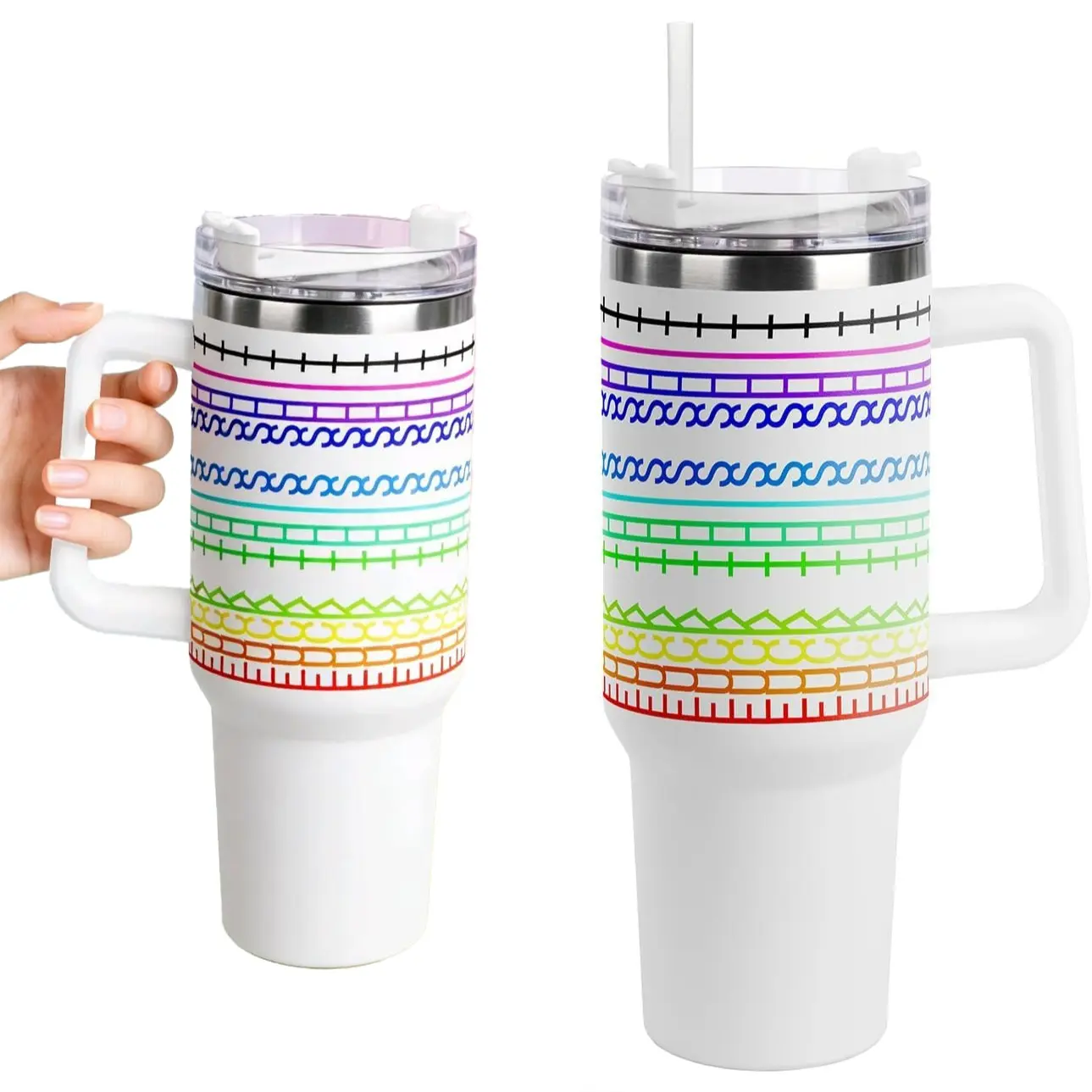 Colorful Striped Stainless Steel Insulated Vacuum Drinkware Cup with Lid and Straw, Large Glass Mug with Handle, Travel Coffee Cup, Hot Drink Bottle, Unique Birthday Gift