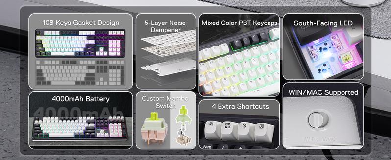 Redragon K745 PRO Wireless Gasket RGB Gaming Keyboard, 108 Keys Mechanical Keyboard w/Extra 4 Hotkeys, Hot-Swap South-Facing LED Socket, 5-Layer Noise Dampening, Round PBT Keycaps, Mint Mambo Switch, Abyssal Blue