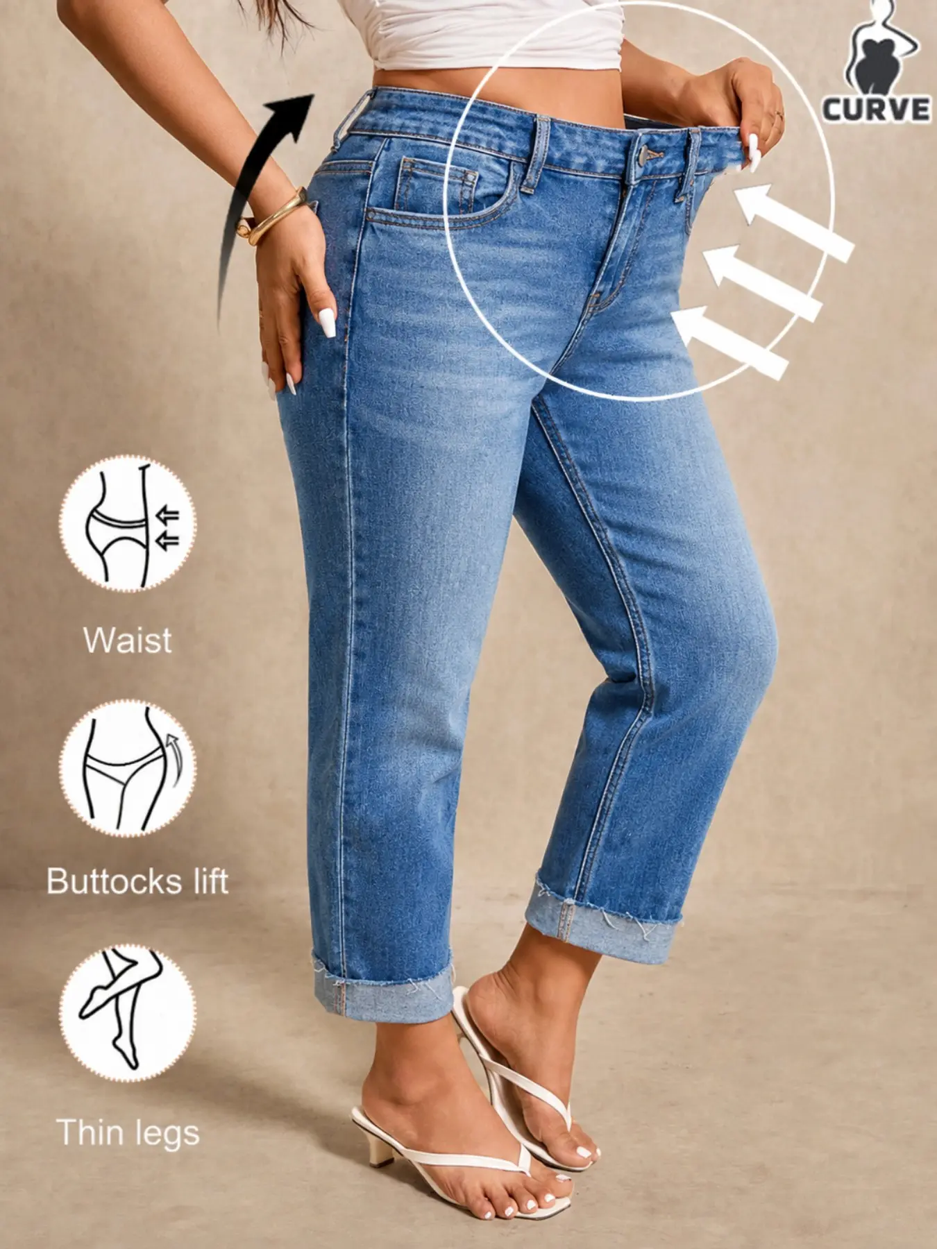 Women's Plus Size High-Waisted Stretch Fabric Stretchy Fit Straight Leg Denim Jeans, Turn Up Hem, Cropped, Washed Blue, Everyday Casual Chic Fashion, All Seasons, Natural Waist