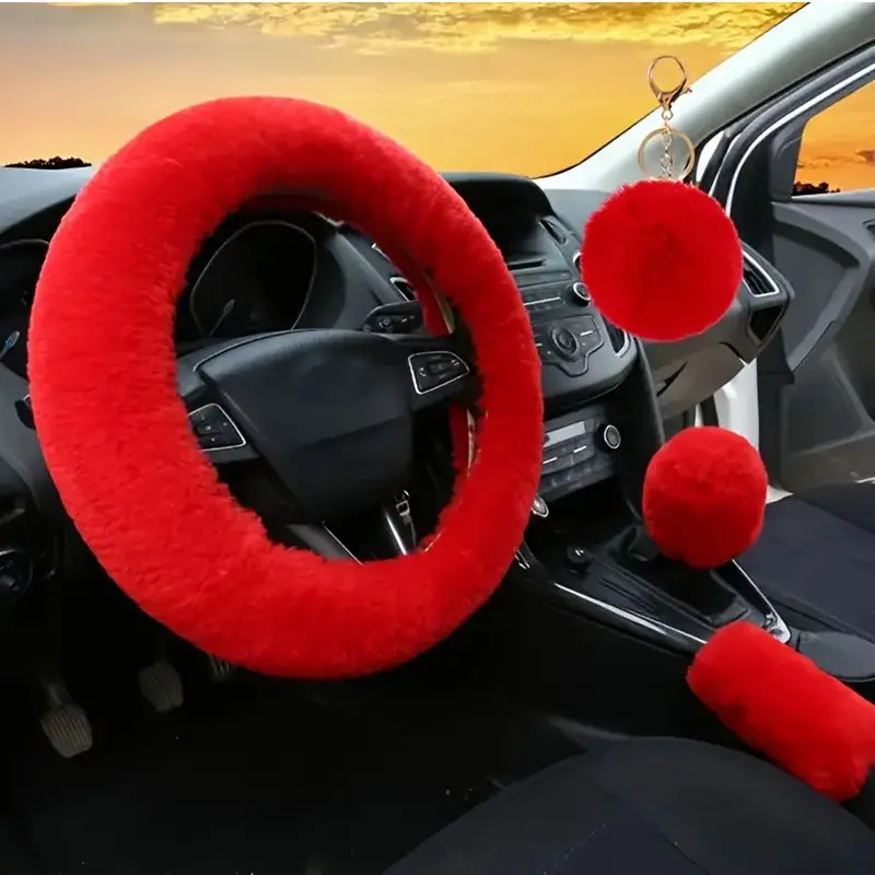 4-Piece Winter Fashion Fake Rabbit Fur Steering Wheel Cover, Soft Long Fluffy Warm Handbrake Gear Shift Kit for Cars Suvs, Car Interior Accessories, Automotive Decorative Accessories
