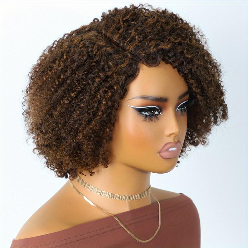 Fashion New 250% density Short Pixie Cut Afro Kinky Curly Bob Wig 4x1 Lace Human Hair Wigs For Women Brazilan Ombre Blonde Highlight Brown Afro Kinky Curly Human Hair Wig With Bangs