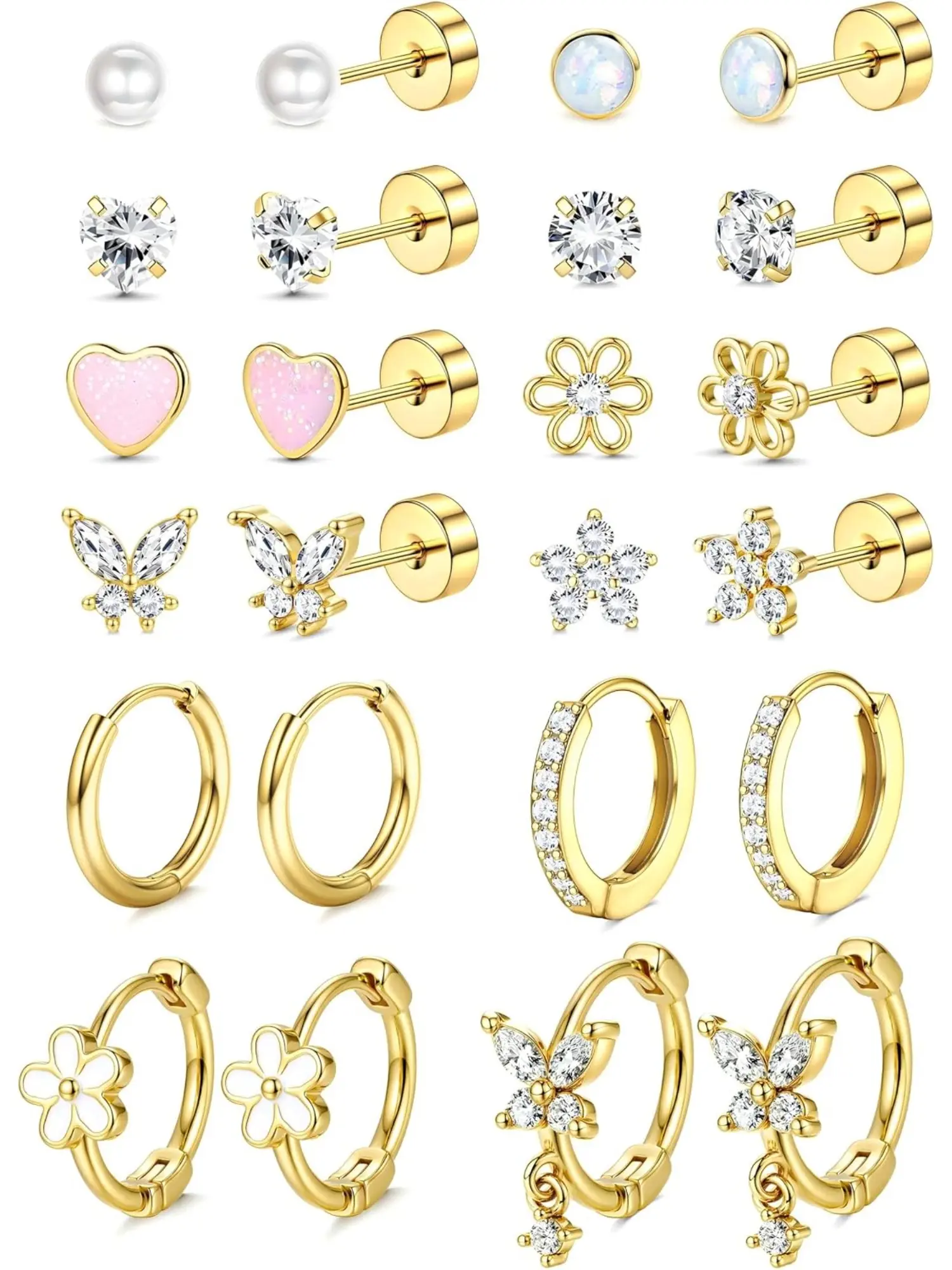 12 Pairs Cute Set Hypoallergenic Flat Back Earrings for Women Girls Teen Kids Toddler Stainless Surgical Steel Earrings for Sensitive Ears,Screw Back Flatback Stud,Hoop,Cartilage Earring Stacks