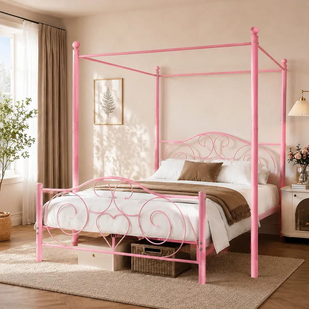 Queen Metal Canopy Bed Frame with Vintage Headboard and Footboard, Pink Platform Bed, No Box Spring Needed, Heavy Duty Steel Frame, Noise Free, Easy Assembly, Under Bed Storage, Queen Size