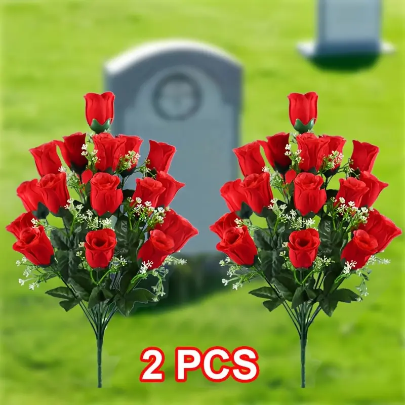 2 Bundles 36 Artificial Roses for Cemetery Memorial, UV Resistant Plastic, Outdoor Decor, Funeral Gift, Festival Decoration