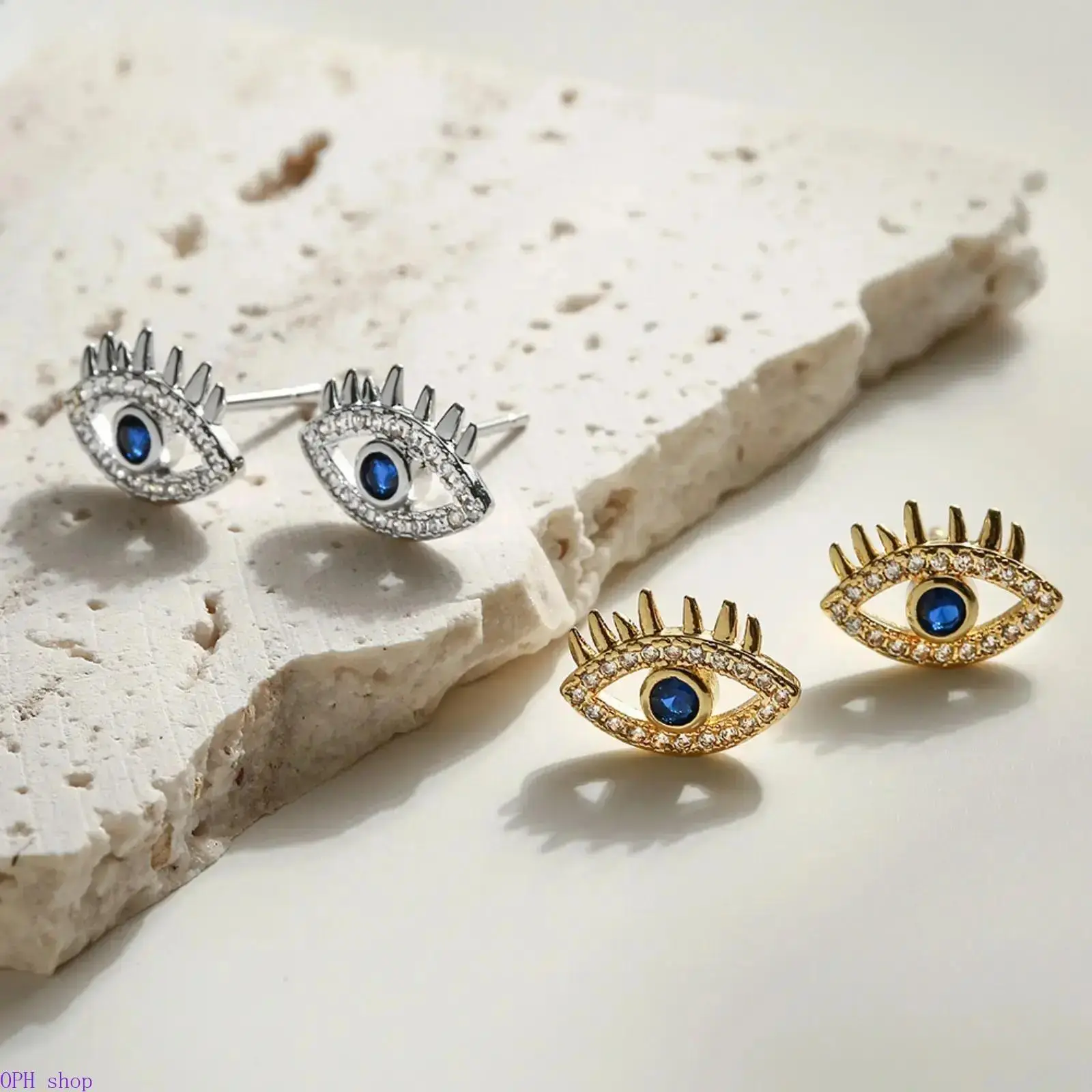 2Pcs 18K Gold-Plated Copper Evil Eye Stud Earrings, Minimalist Retro INS Style Cubic Zirconia Chic Jewelry for Daily Outfits, Party Occasions