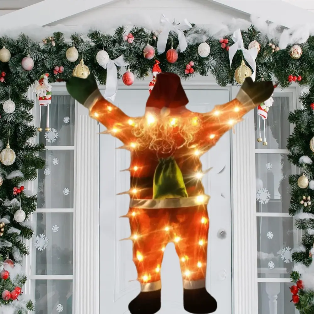 Outdoor Christmas Lights Climbing Santa Decoration, Battery Powered Roof Hanging Ornament, Glowing Santa with Gift Bag, Ideal for Yard Decor