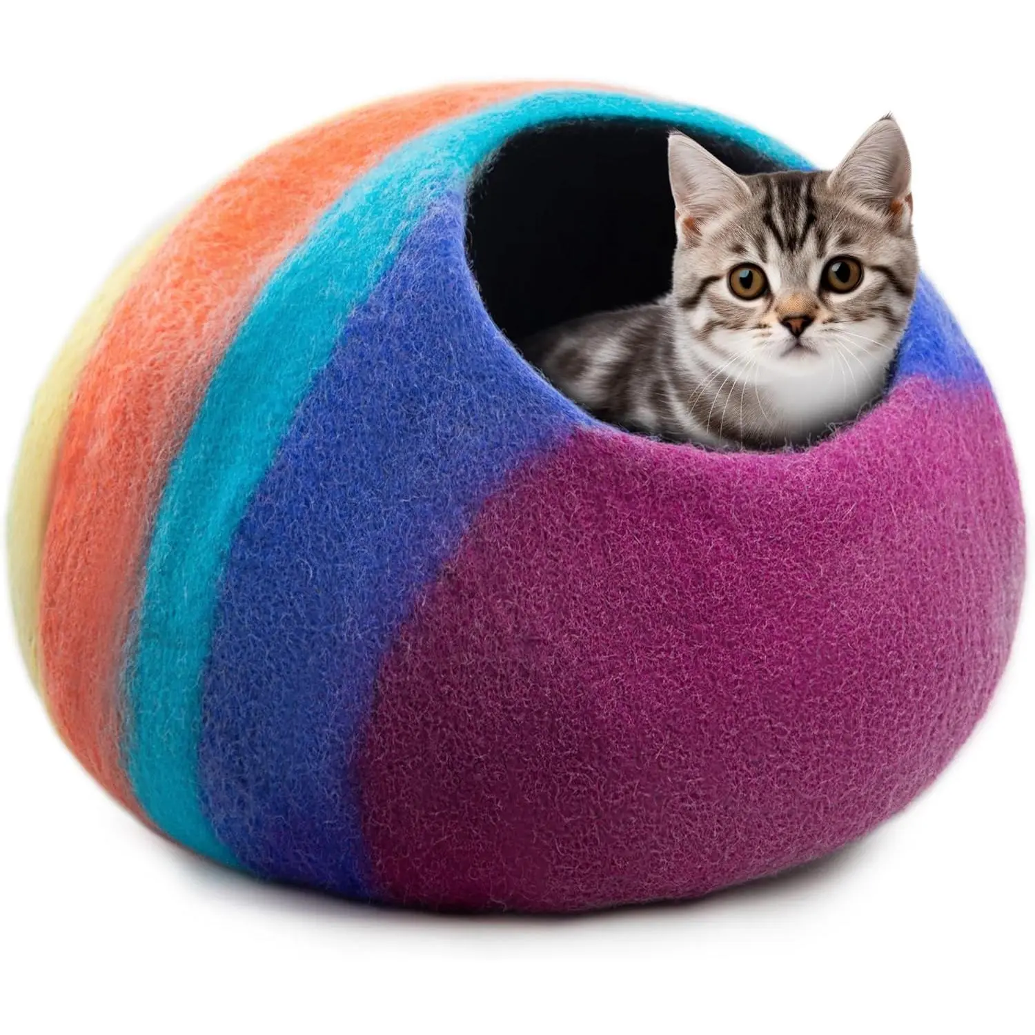 Premium Felt Cat Cave Bed – Wool Kitty Beds Handcrafted Kitten Caves Bed for Indoor Cats - Made from Merino Wool, Foldable Cat Hideaway Covered Cat House Pod (Rainbow Twist)