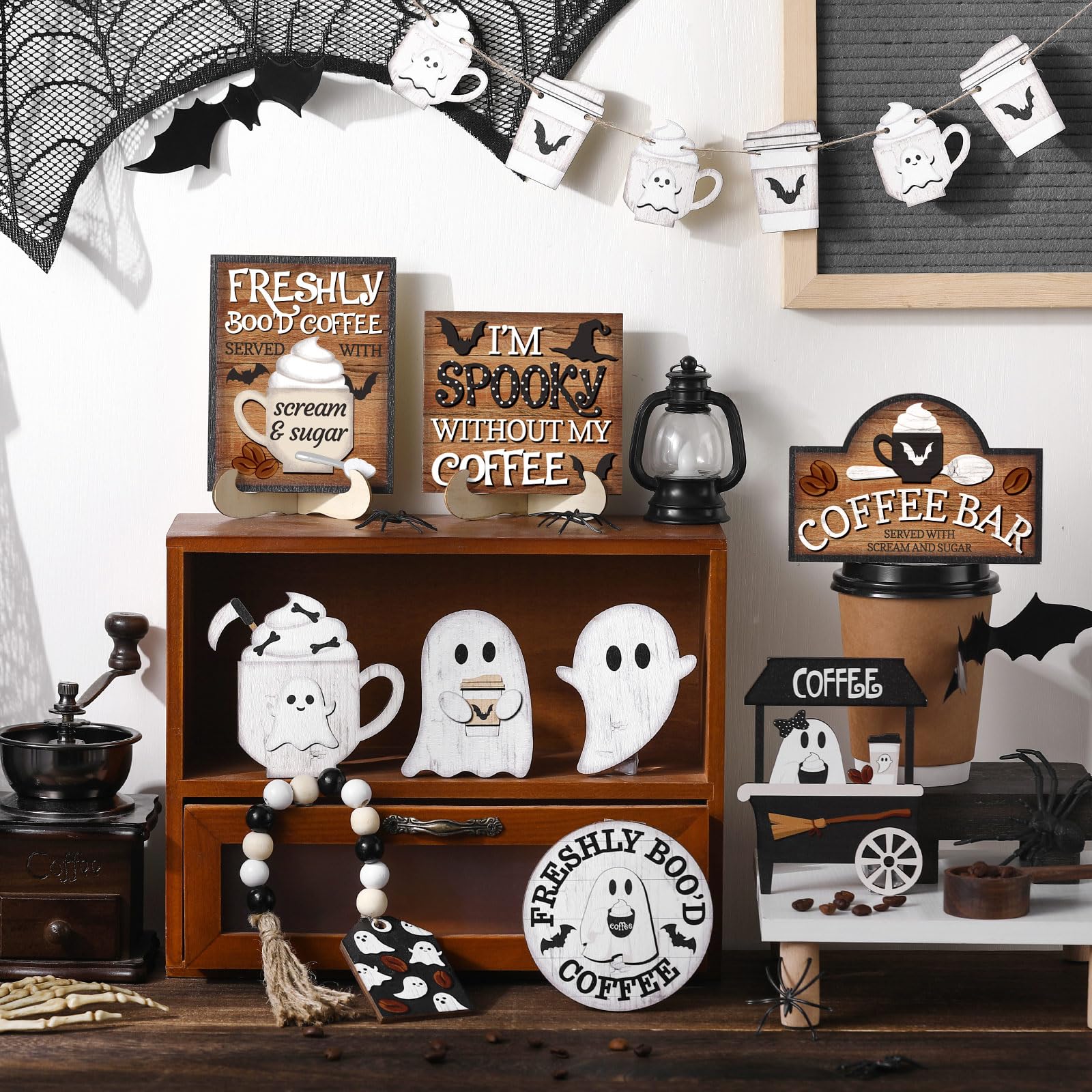 Halloween Layered Tray Decor Set, Wooden Ghost Signs & Beaded Garland, Farmhouse Rustic Home Table Party Supplies, Home Decor Gift