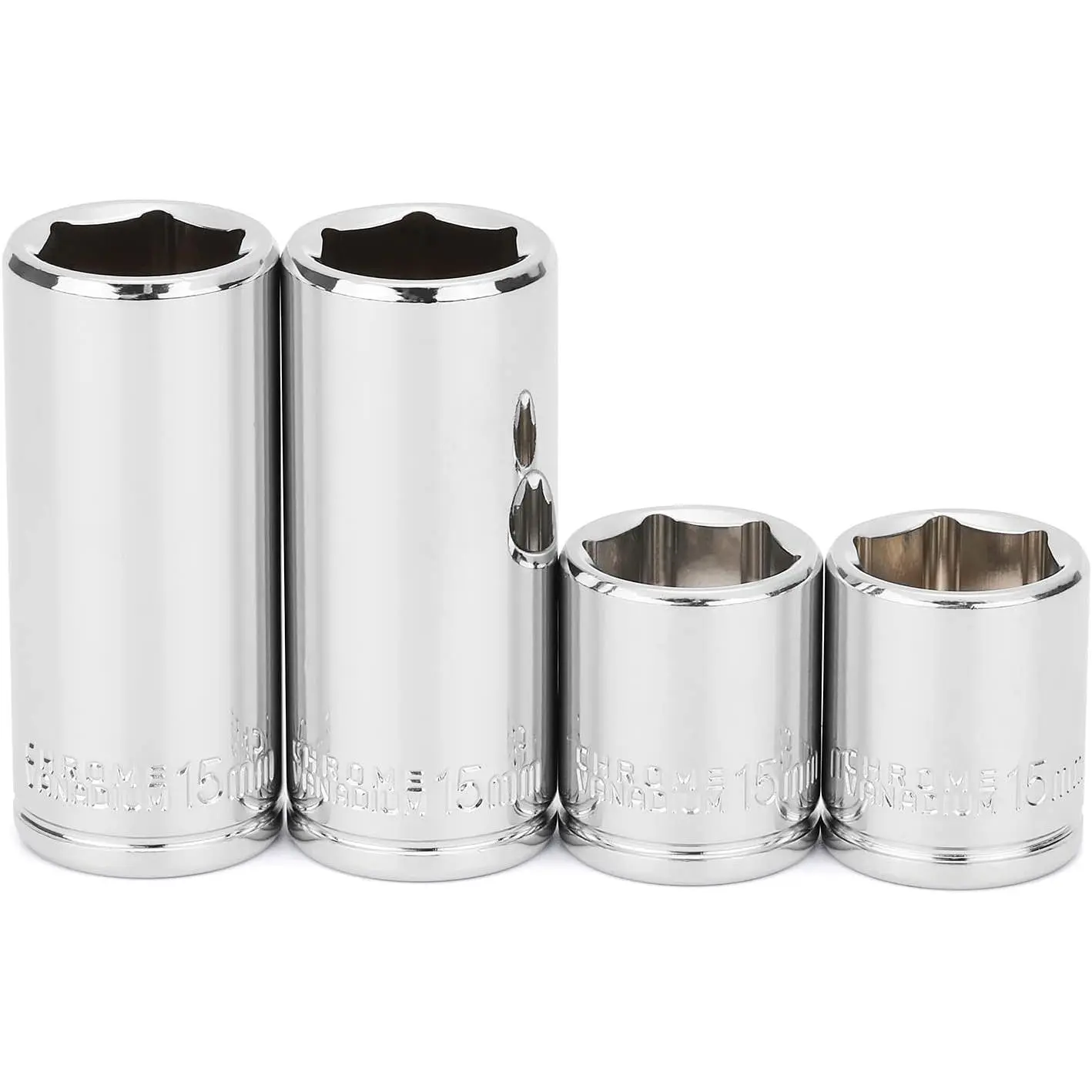 4 count 1/4"Drive 15mm Deep&Shallow Socket, 6 Point, Cr-V Steel, 15mm